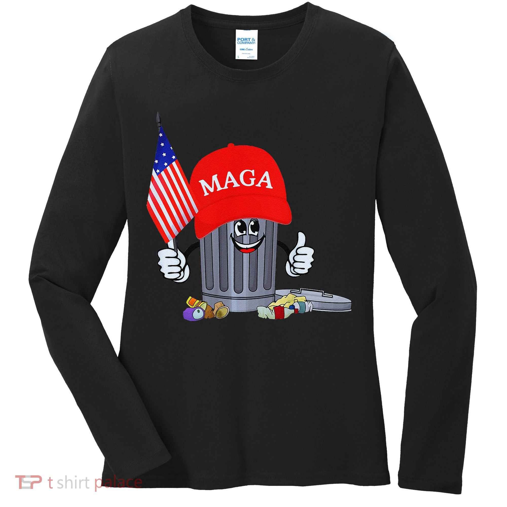 Funny Trump Garbage Can Cartoon Character American Flag Women's Long Sleeve Shirt