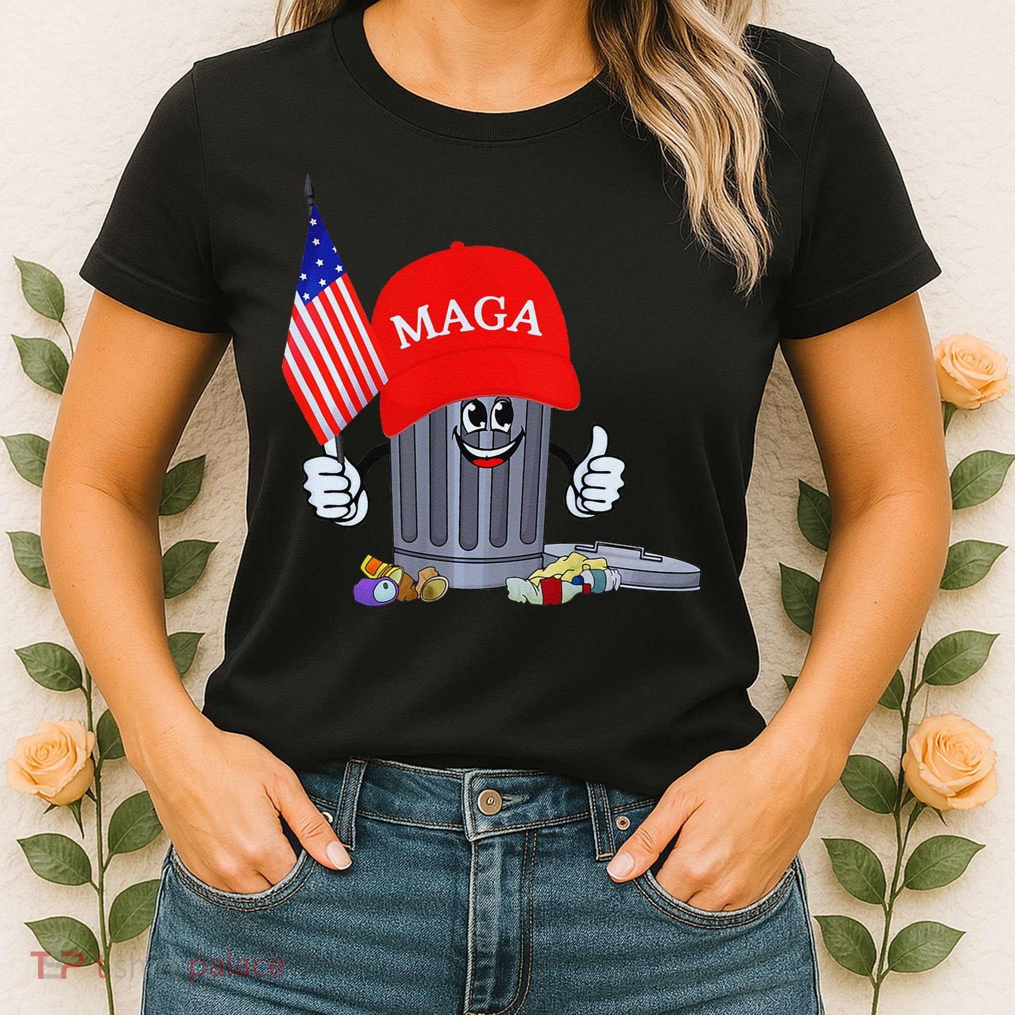 Funny Trump Garbage Can Cartoon Character American Flag Women's T-Shirt
