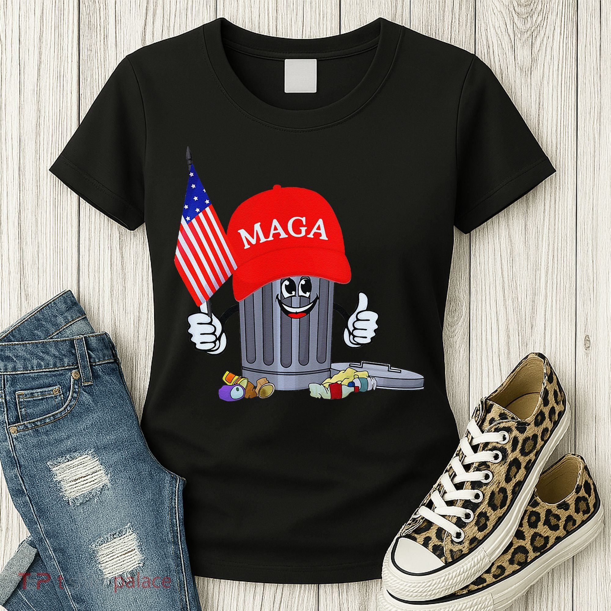 Funny Trump Garbage Can Cartoon Character American Flag Women's T-Shirt