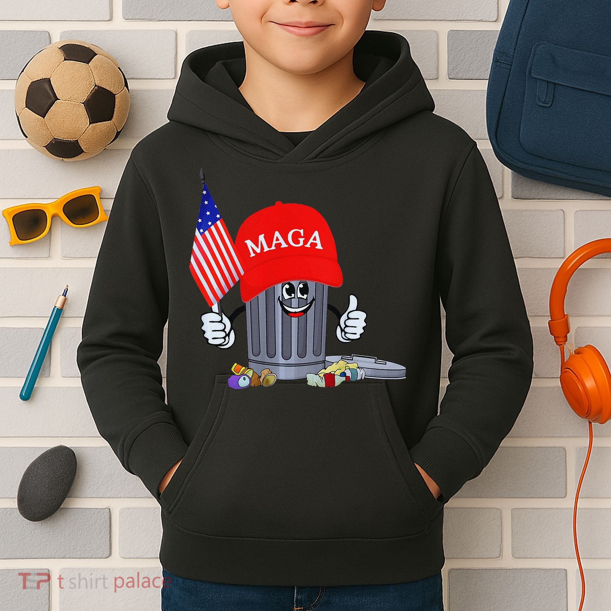 Funny Trump Garbage Can Cartoon Character American Flag Kids Hoodie