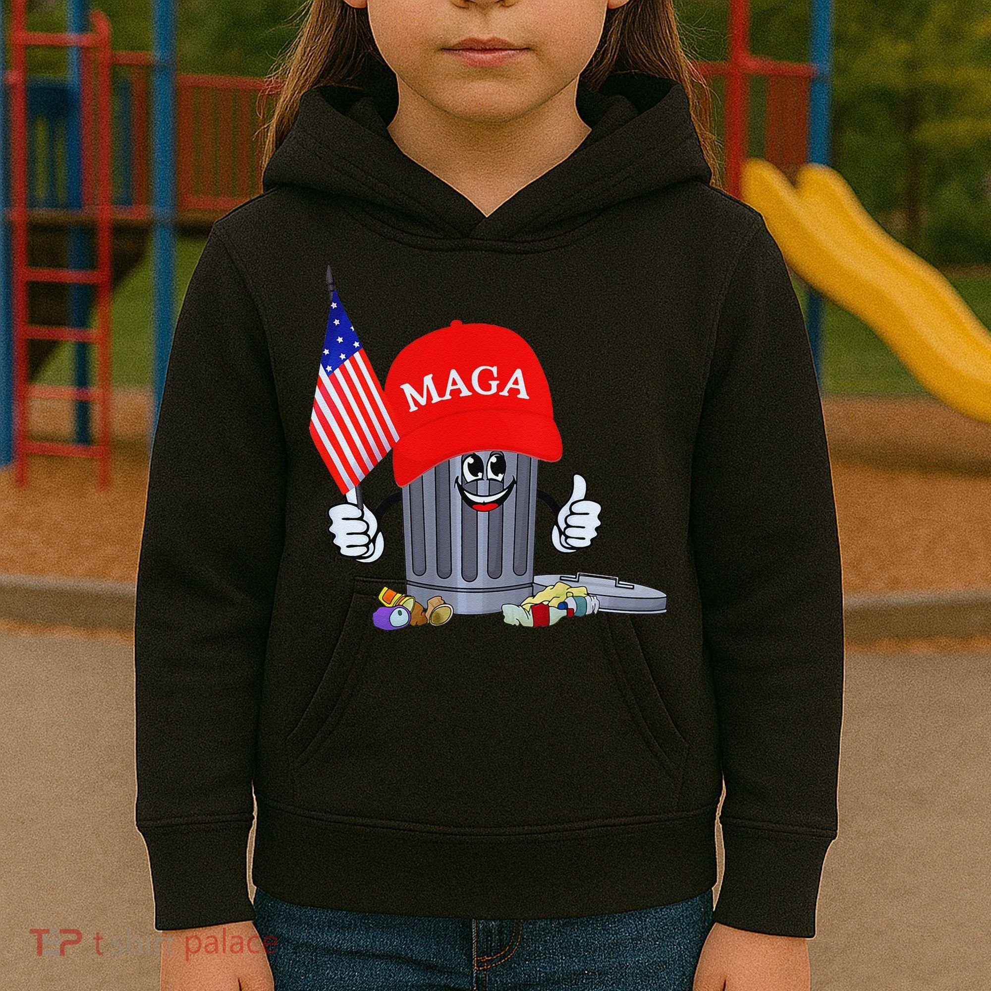 Funny Trump Garbage Can Cartoon Character American Flag Kids Hoodie