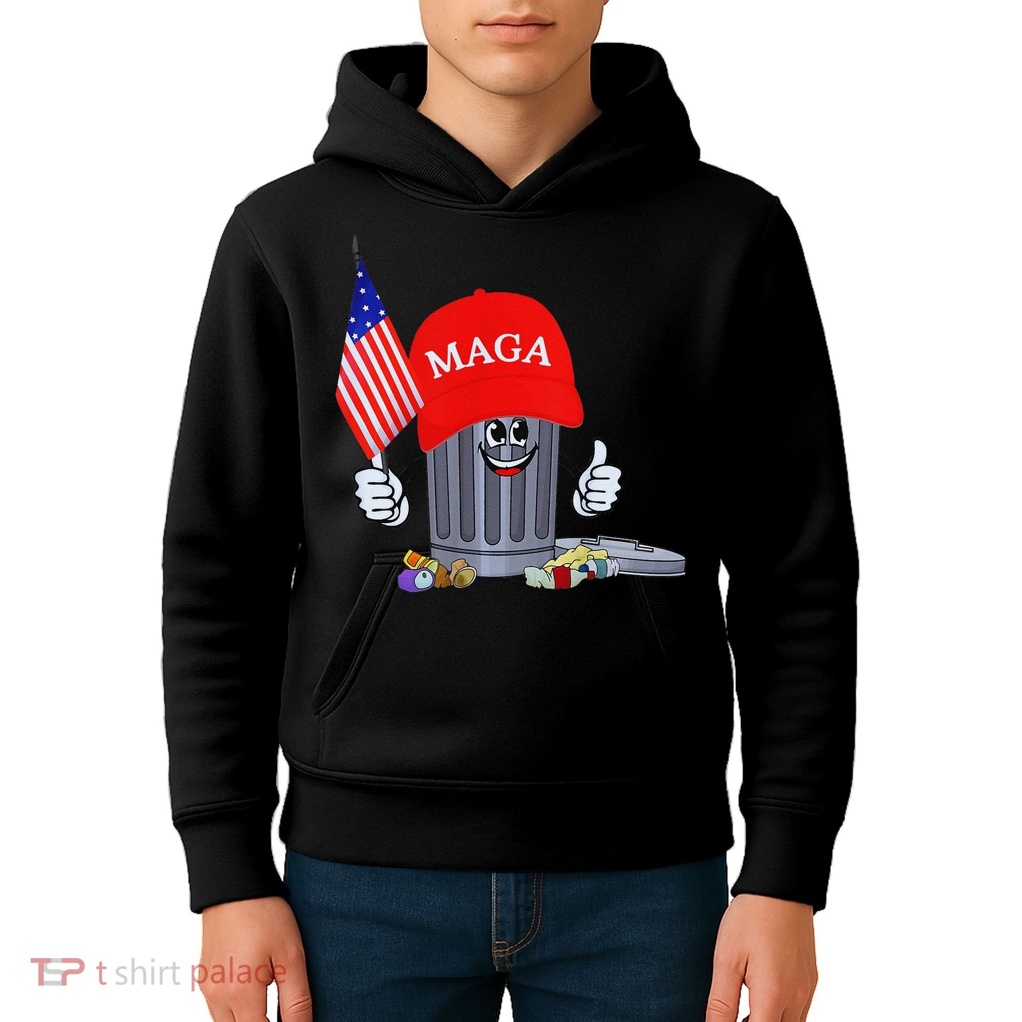 Funny Trump Garbage Can Cartoon Character American Flag Kids Hoodie