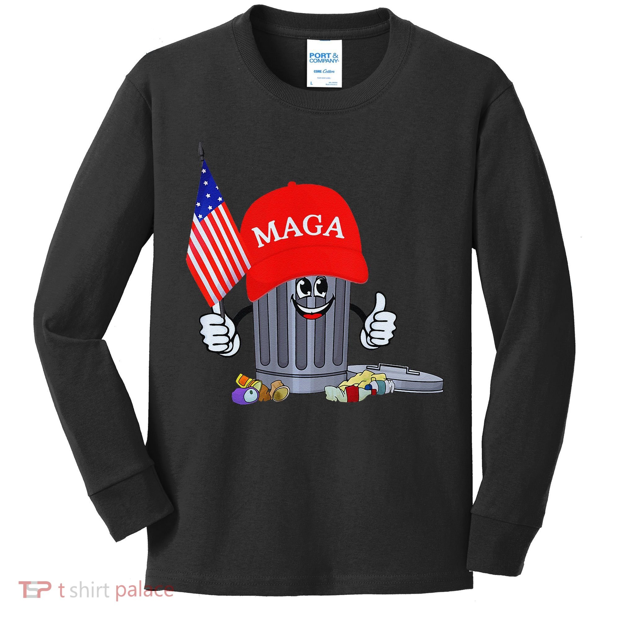 Funny Trump Garbage Can Cartoon Character American Flag Kids Long Sleeve Shirt