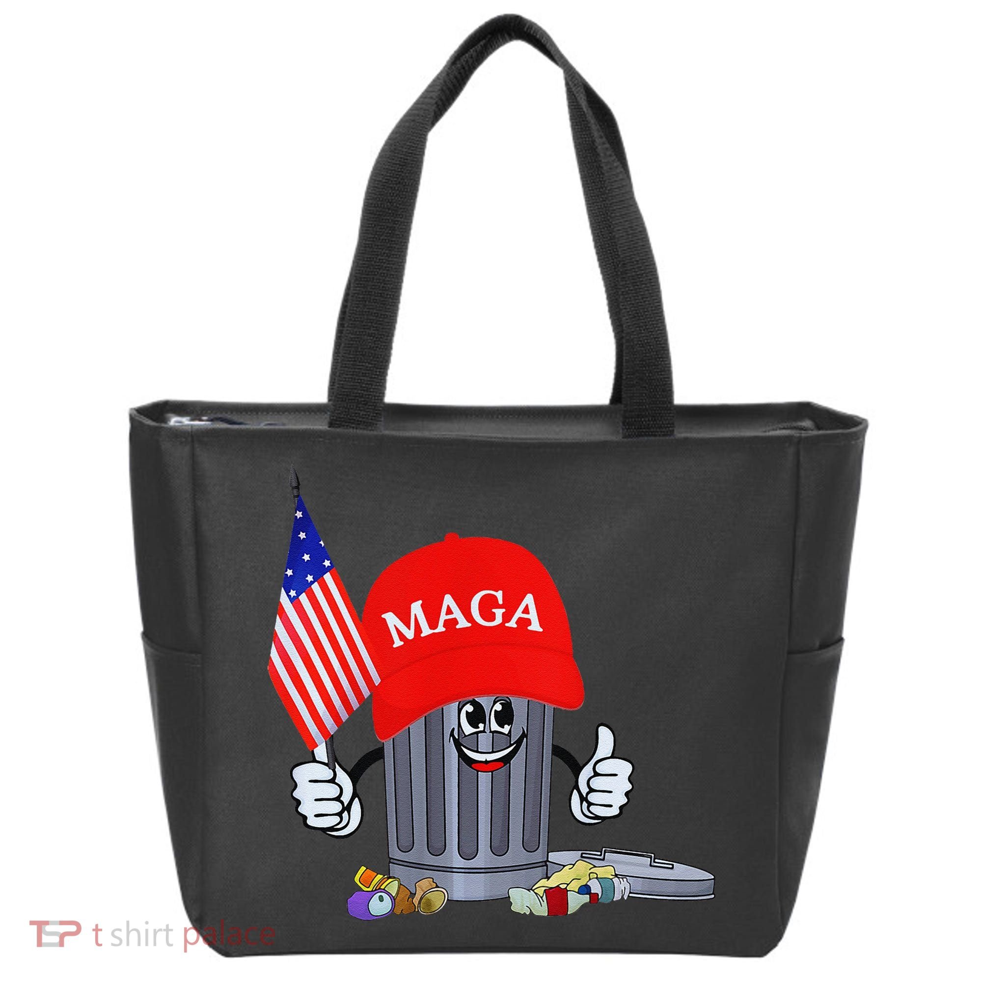 Funny Trump Garbage Can Cartoon Character American Flag Tote Bag