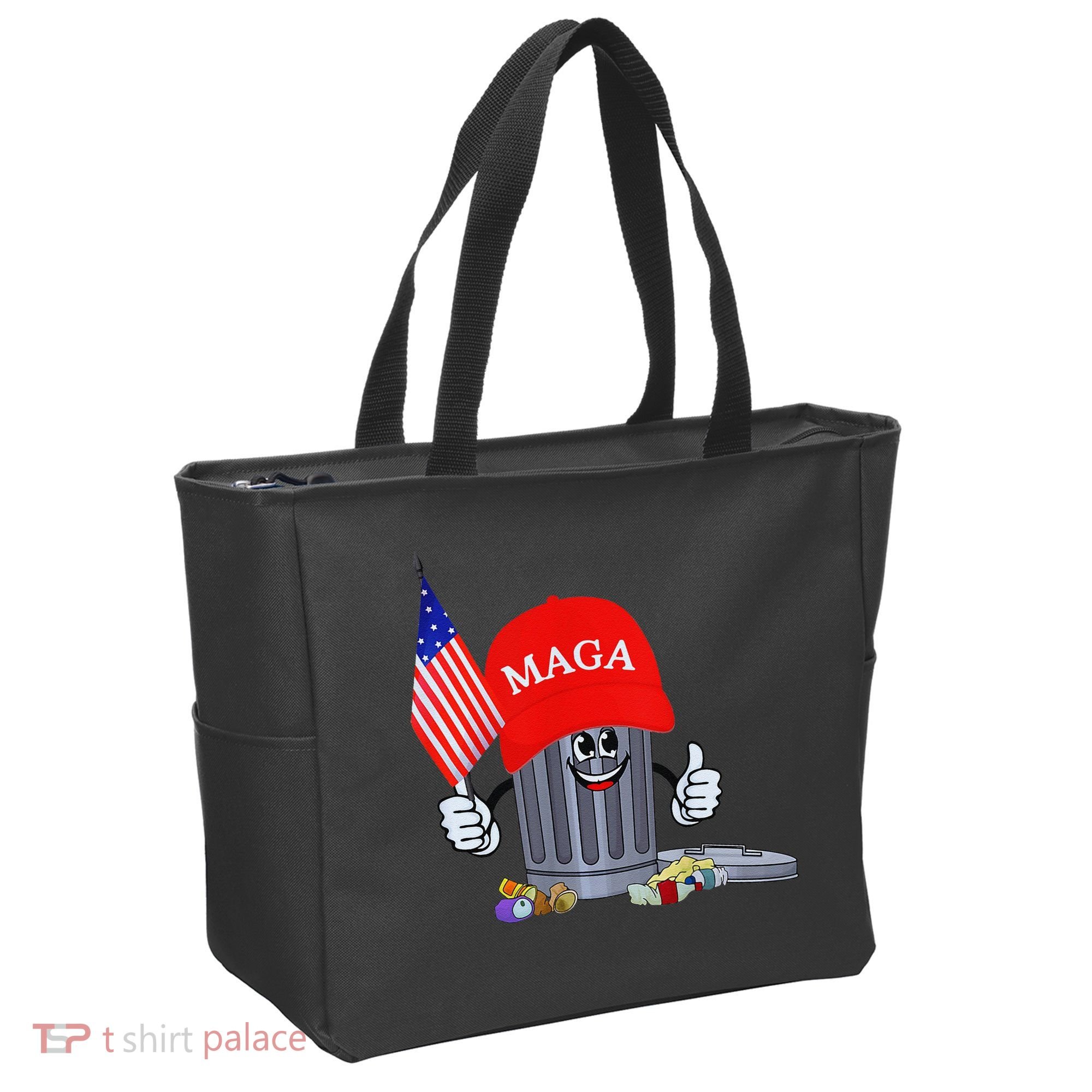 Funny Trump Garbage Can Cartoon Character American Flag Tote Bag