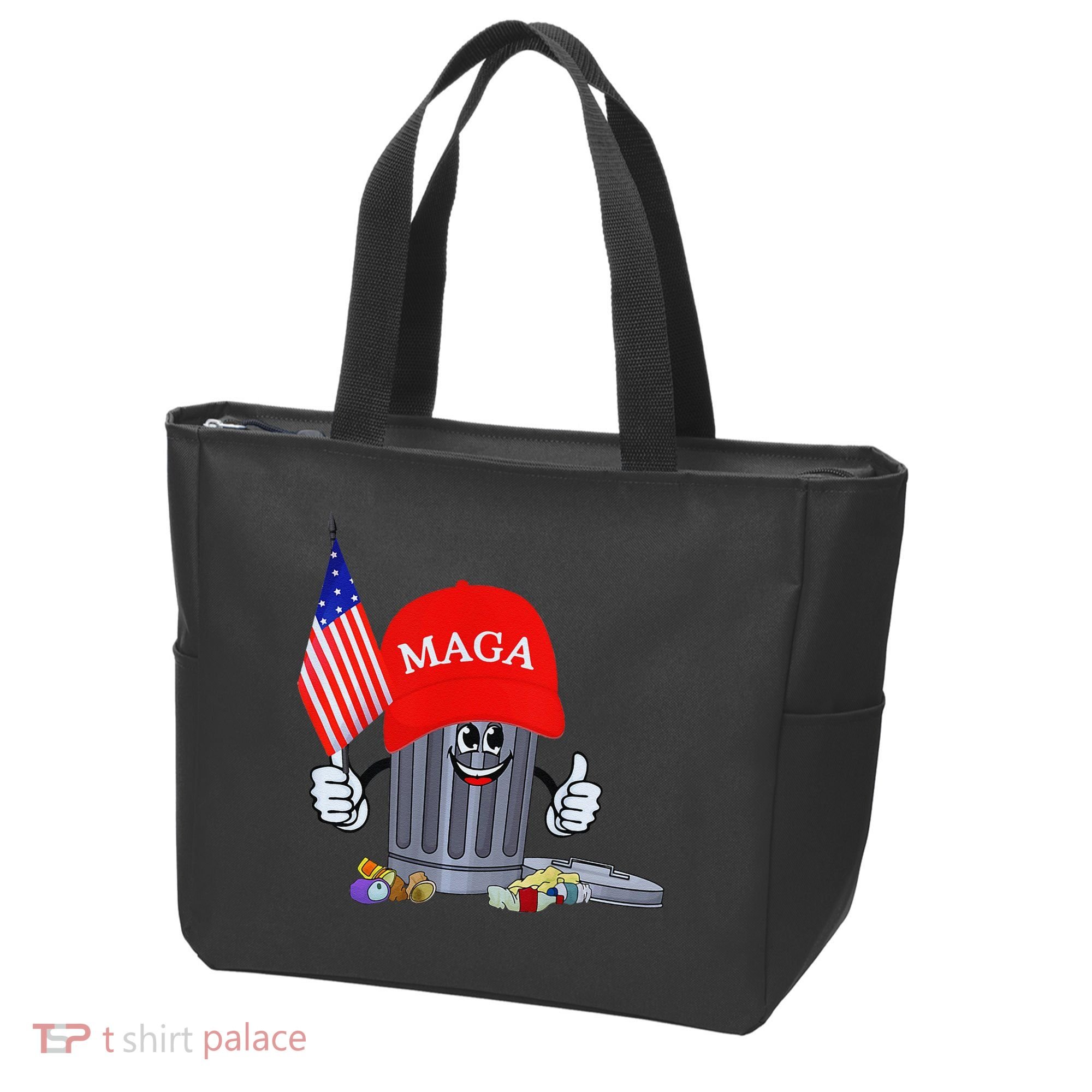 Funny Trump Garbage Can Cartoon Character American Flag Tote Bag