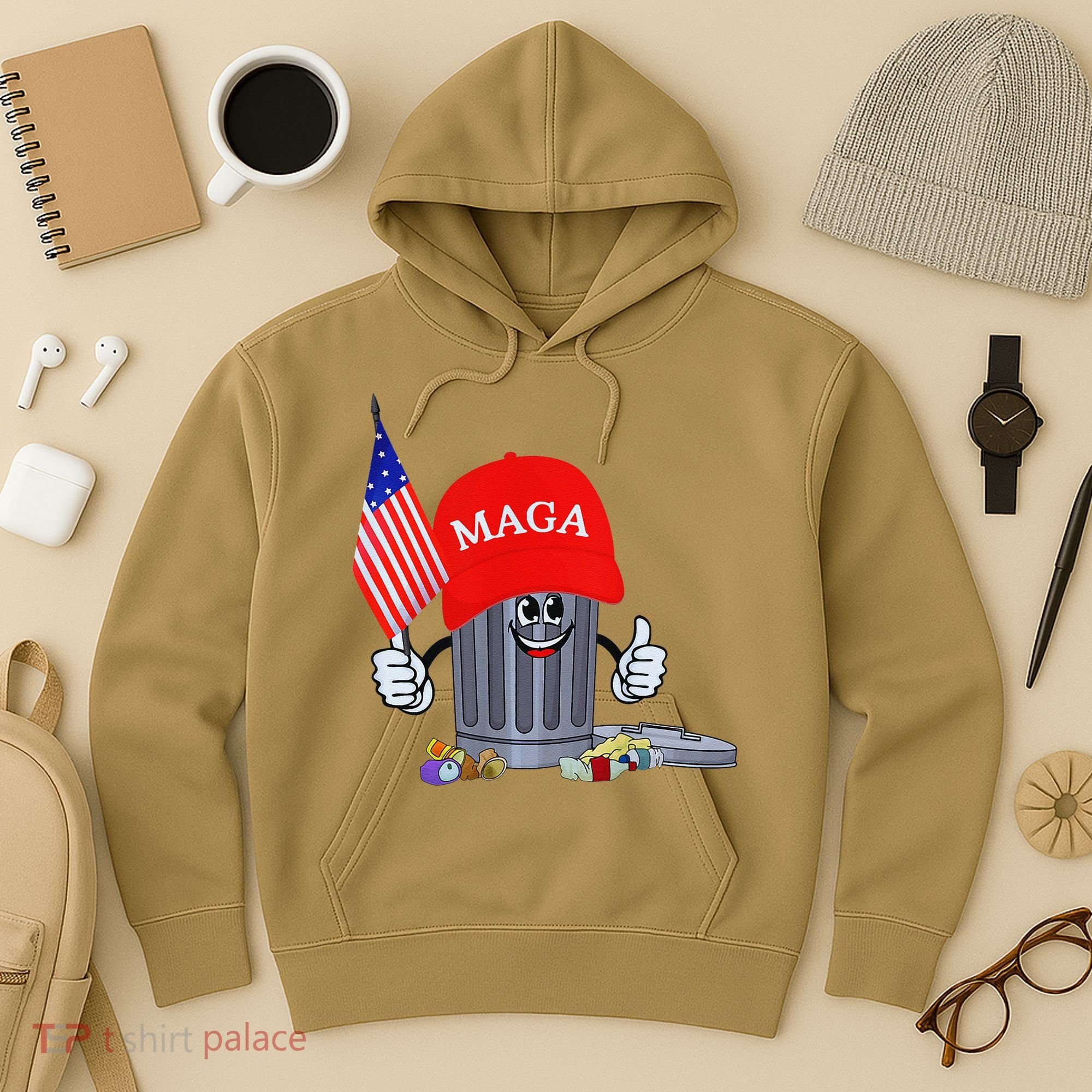 Funny Trump Garbage Can Cartoon Character American Flag Hoodie