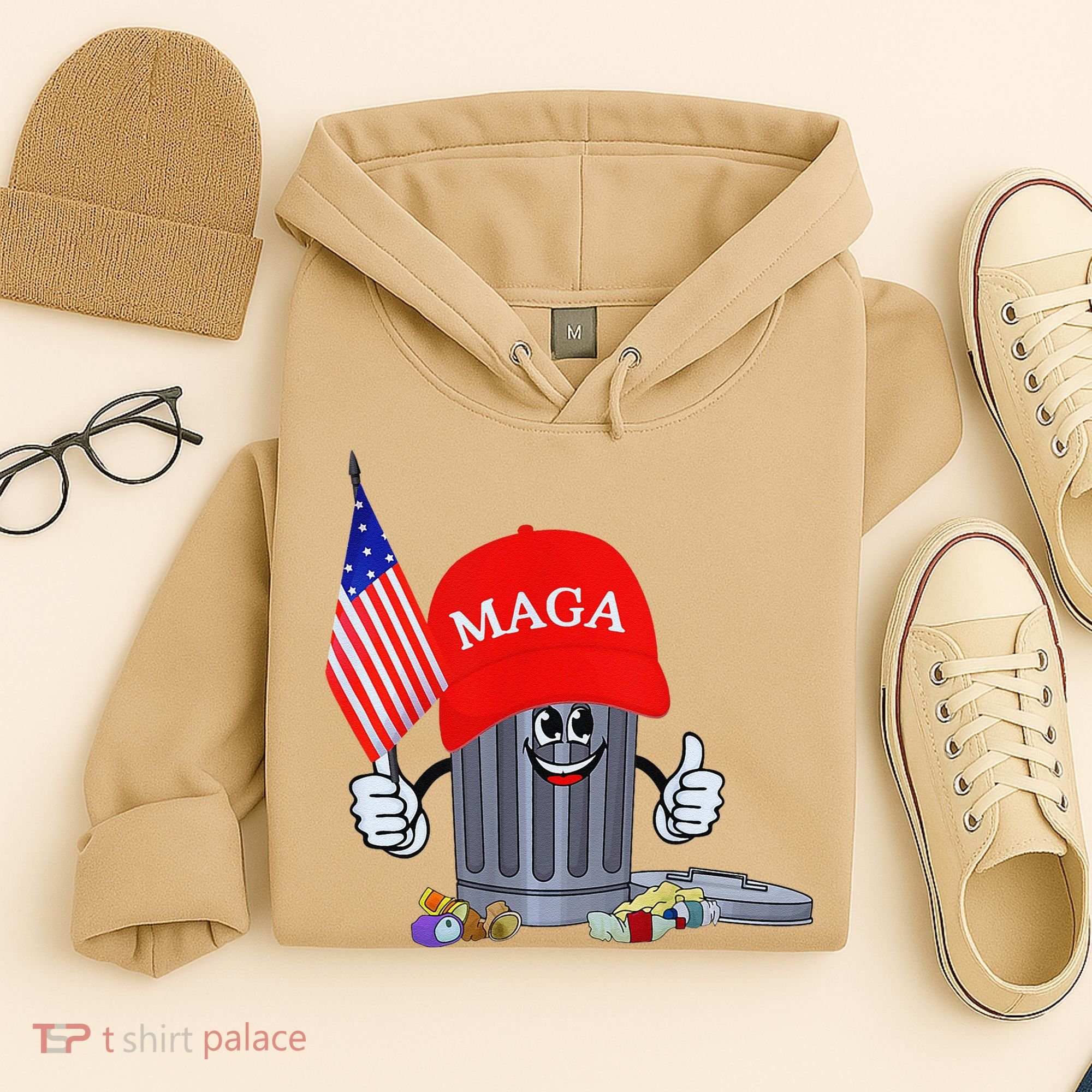Funny Trump Garbage Can Cartoon Character American Flag Hoodie