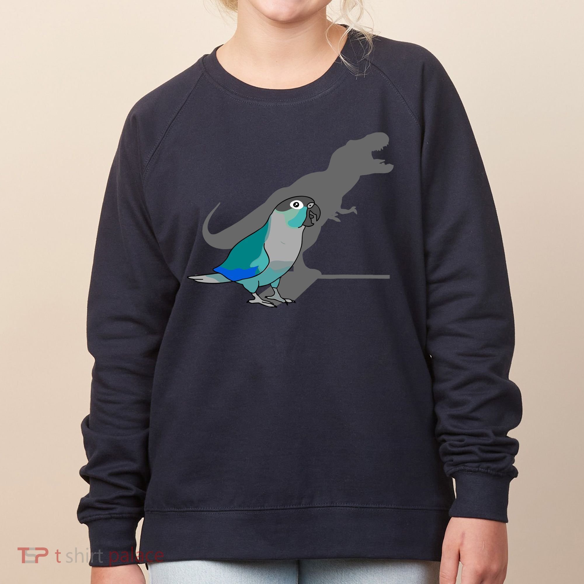 Funny Turquoise Green Cheeked Conure Trex Dinosaur Parrot Women's Sweatshirt