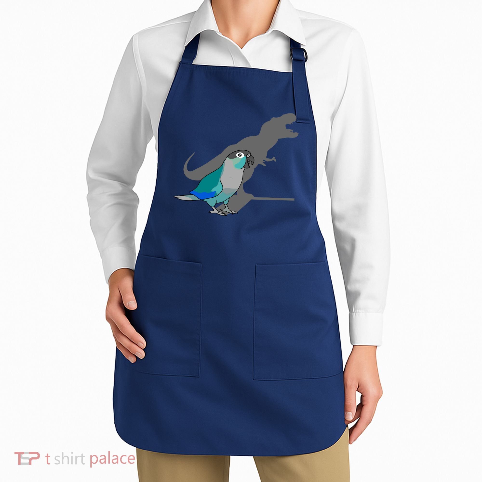 Funny Turquoise Green Cheeked Conure Trex Dinosaur Parrot Apron