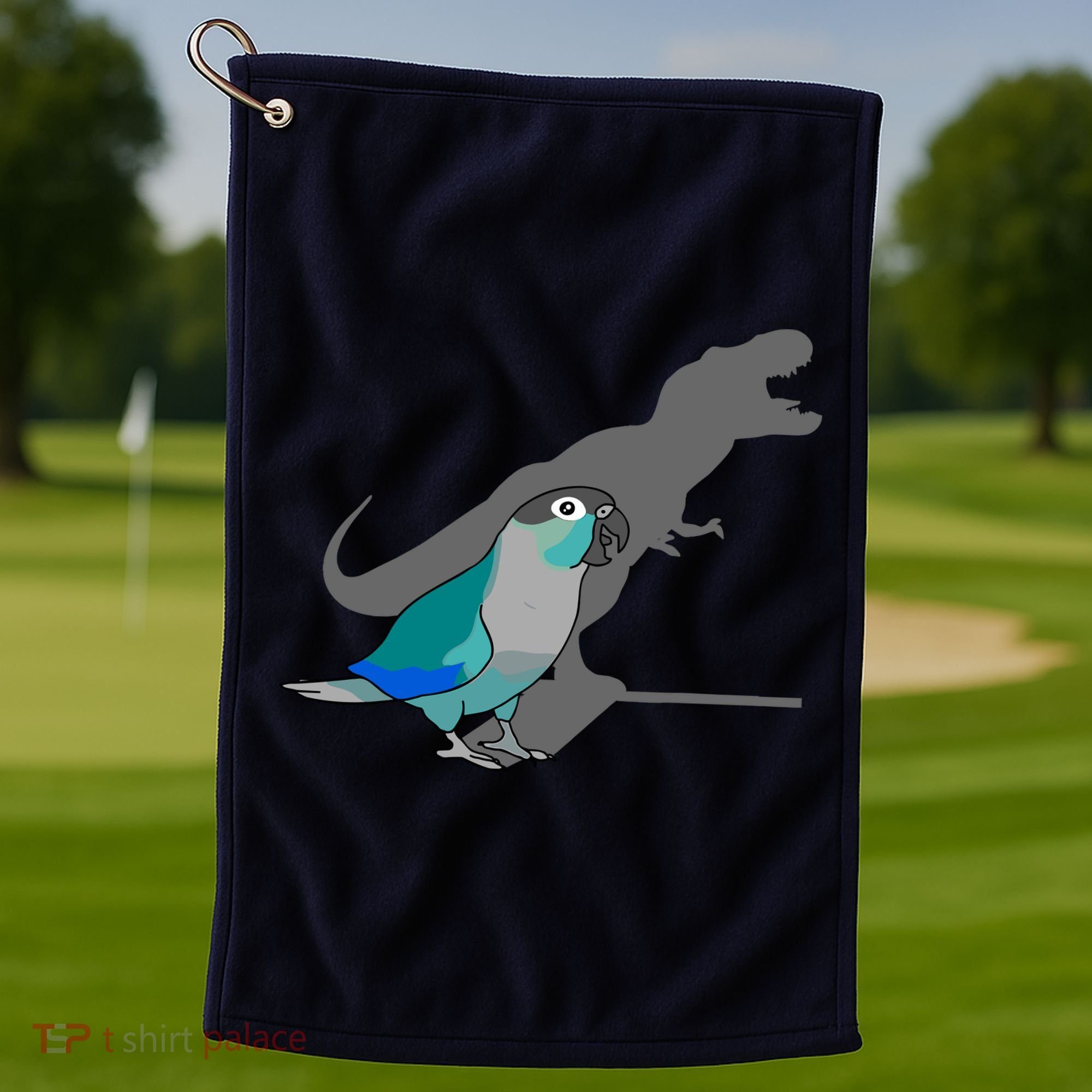 Funny Turquoise Green Cheeked Conure Trex Dinosaur Parrot Golf Towel