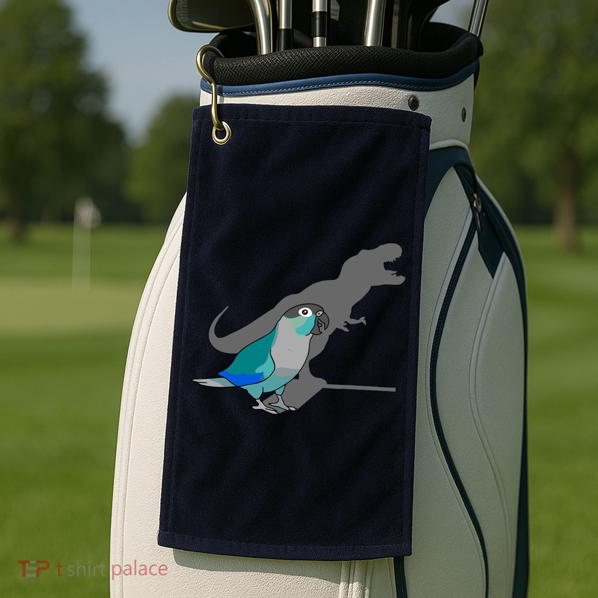 Funny Turquoise Green Cheeked Conure Trex Dinosaur Parrot Golf Towel