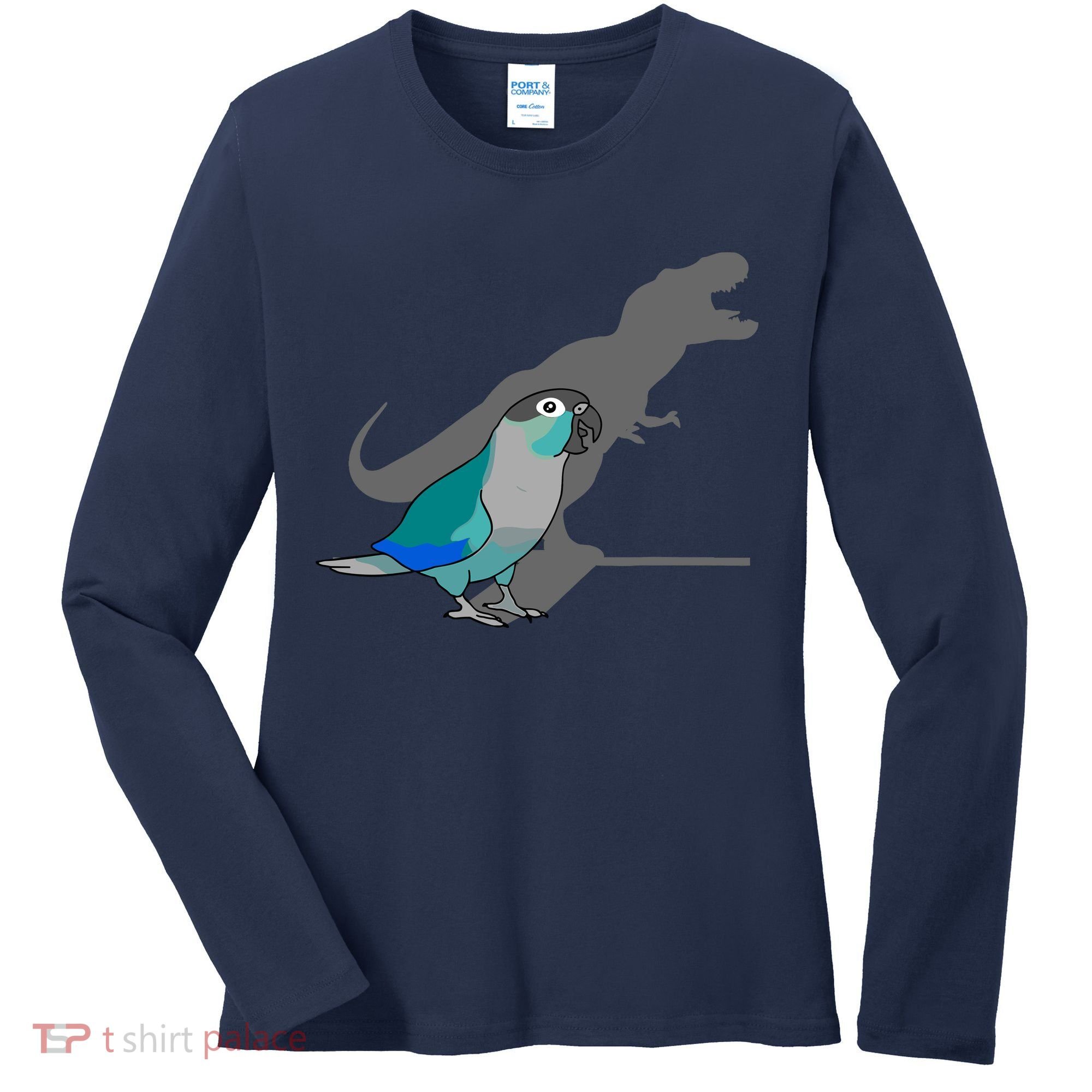 Funny Turquoise Green Cheeked Conure Trex Dinosaur Parrot Women's Long Sleeve Shirt