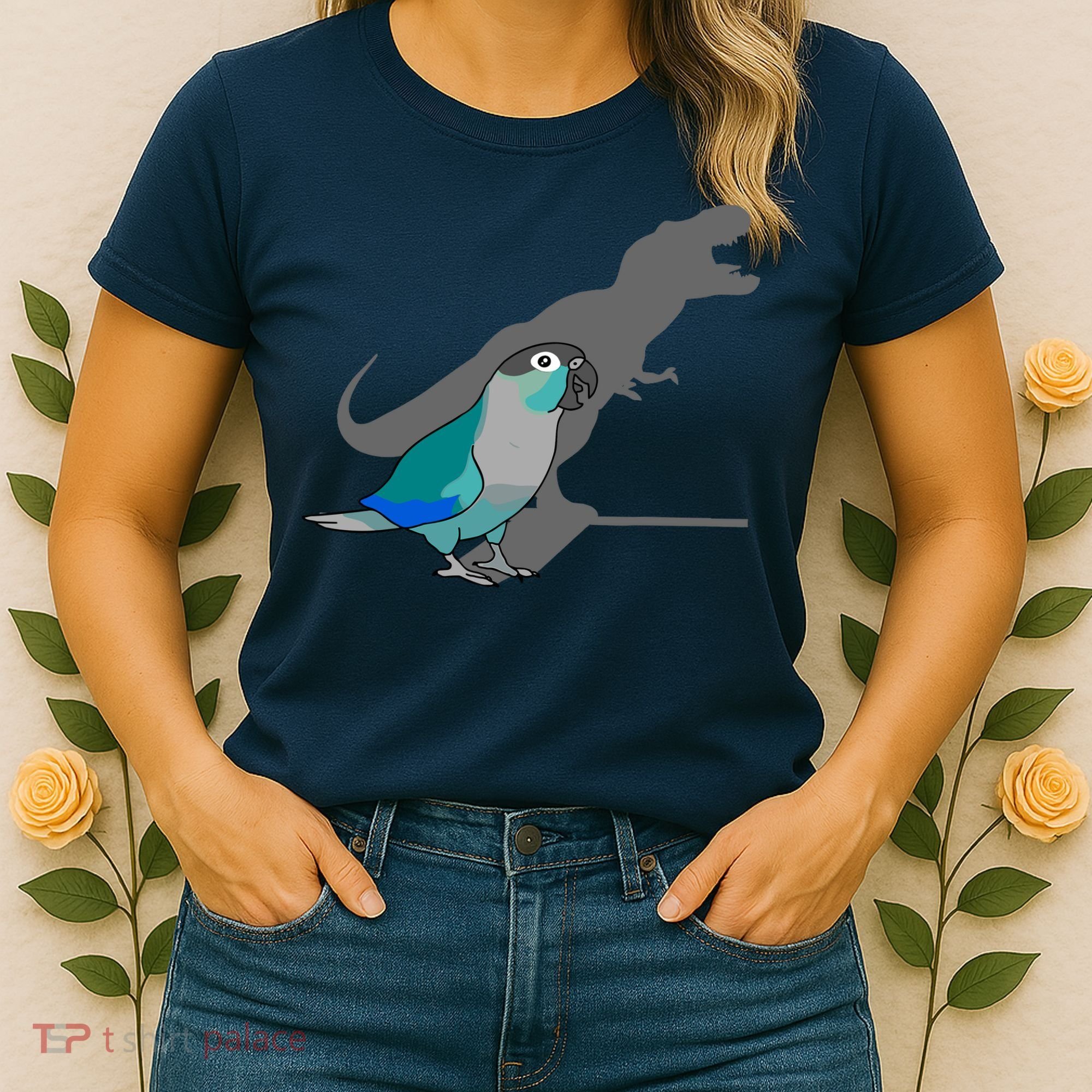 Funny Turquoise Green Cheeked Conure Trex Dinosaur Parrot Women's T-Shirt