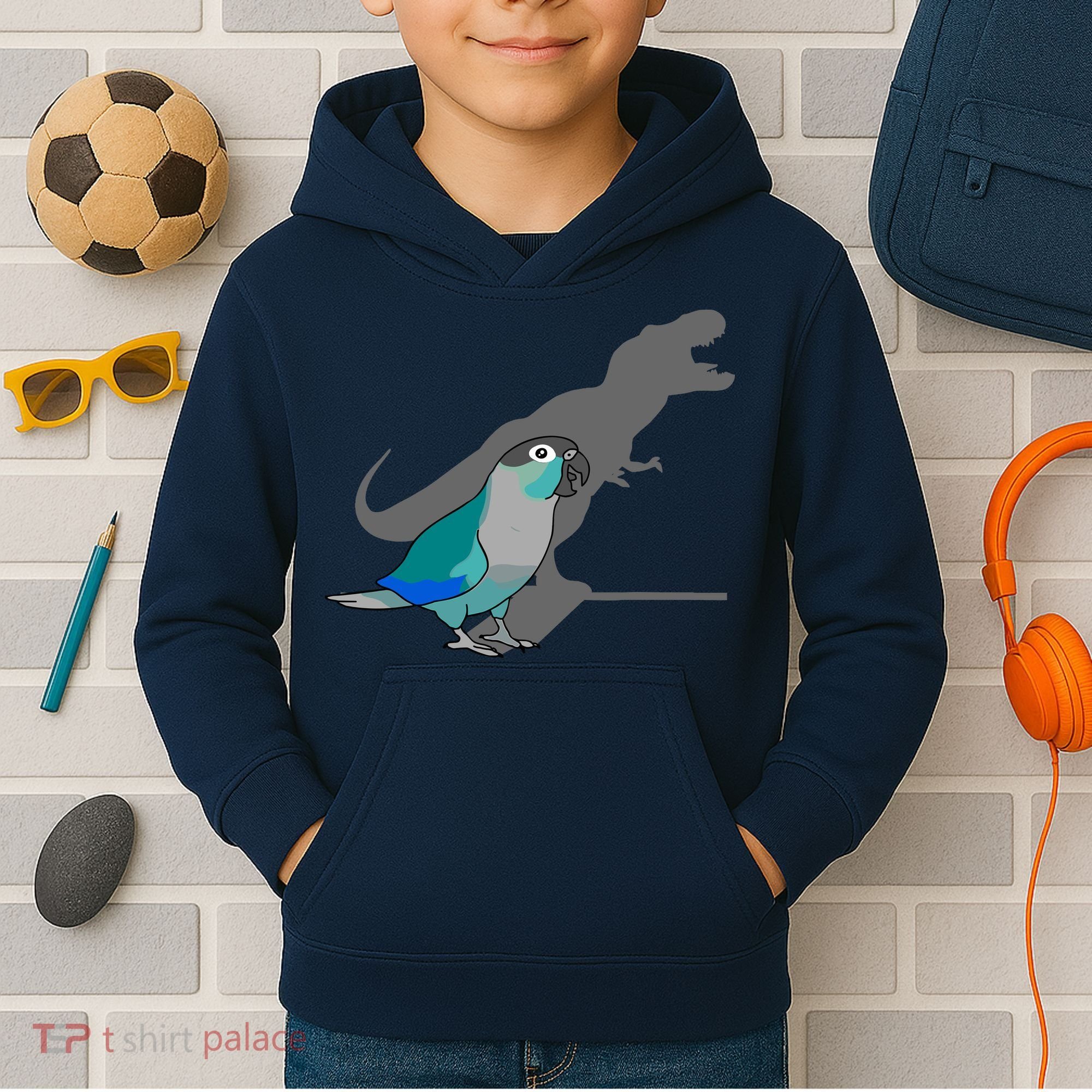 Funny Turquoise Green Cheeked Conure Trex Dinosaur Parrot Kids Hoodie