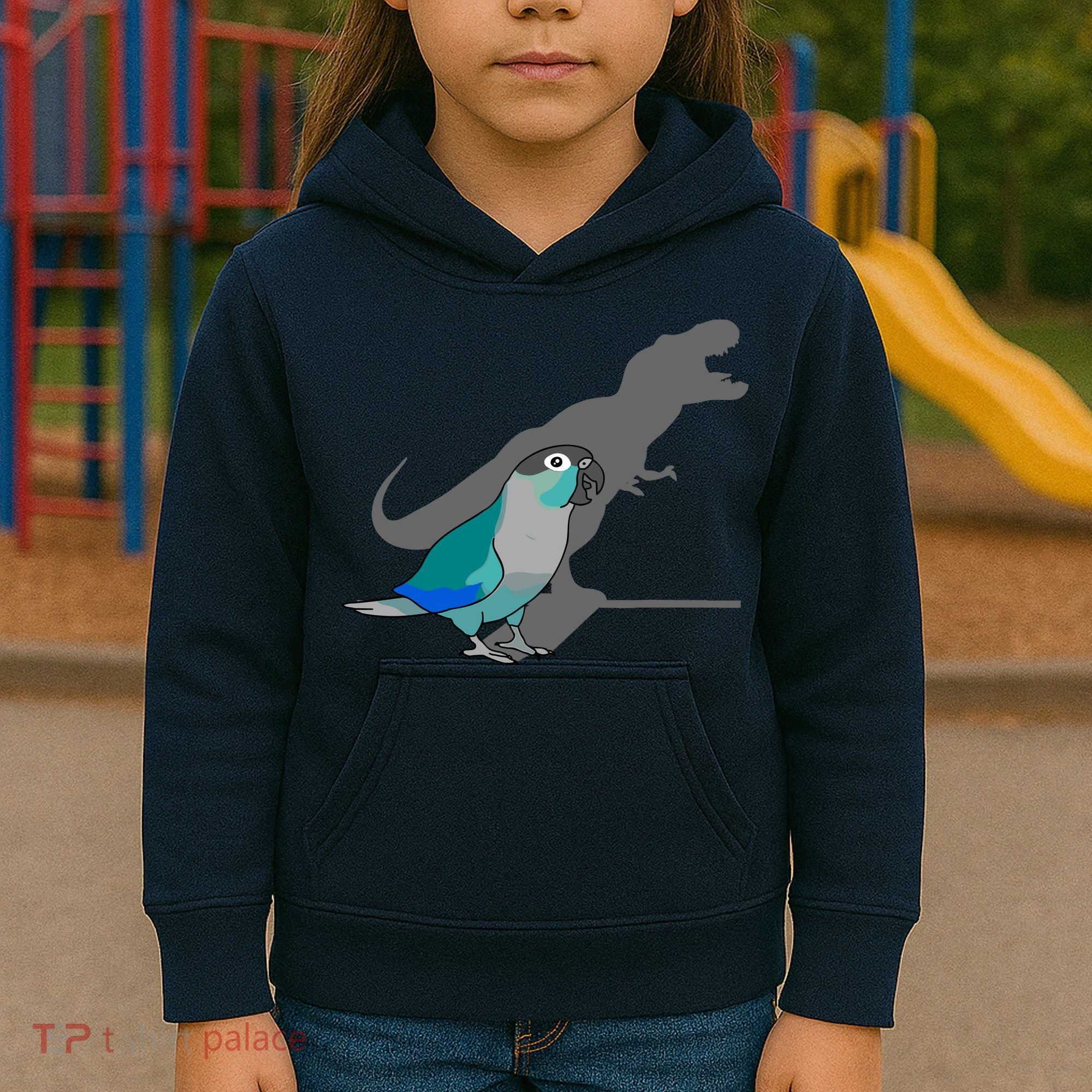 Funny Turquoise Green Cheeked Conure Trex Dinosaur Parrot Kids Hoodie