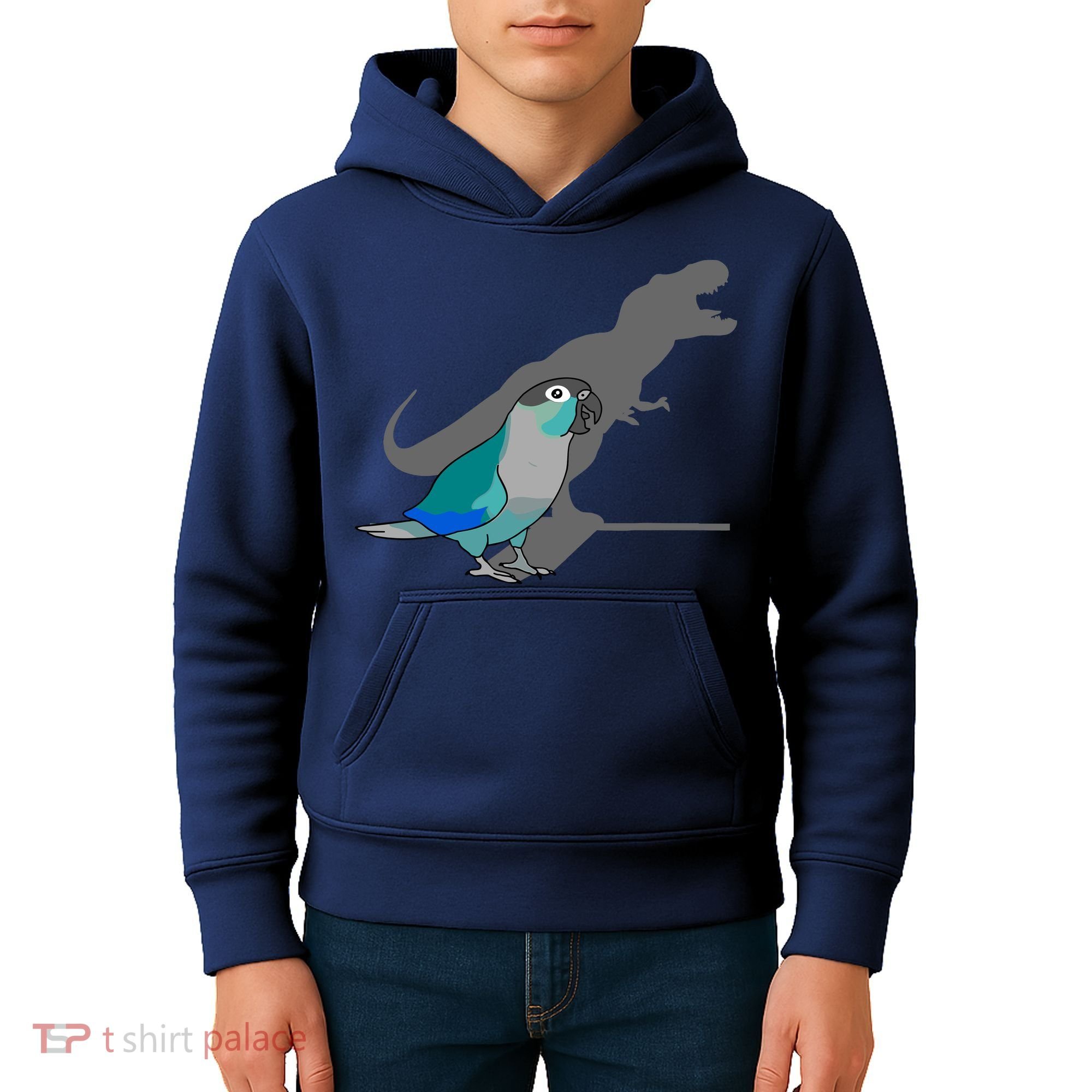 Funny Turquoise Green Cheeked Conure Trex Dinosaur Parrot Kids Hoodie