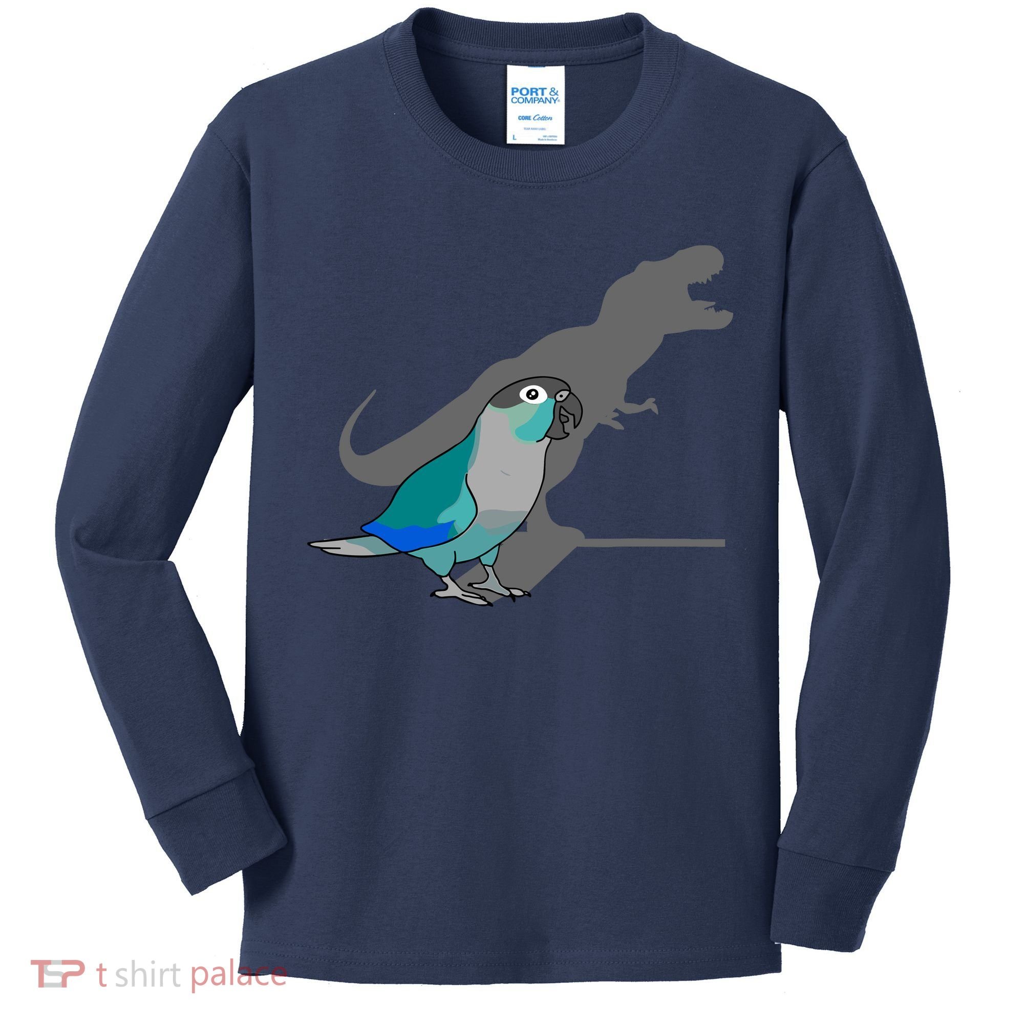 Funny Turquoise Green Cheeked Conure Trex Dinosaur Parrot Kids Long Sleeve Shirt