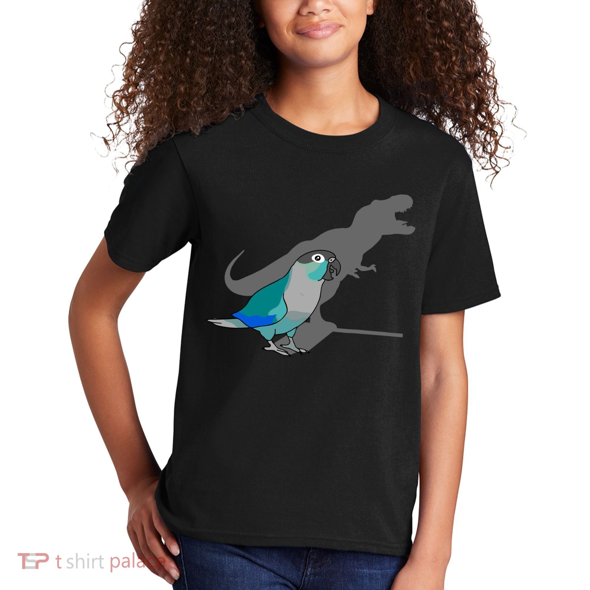 Funny Turquoise Green Cheeked Conure Trex Dinosaur Parrot Kids T-Shirt