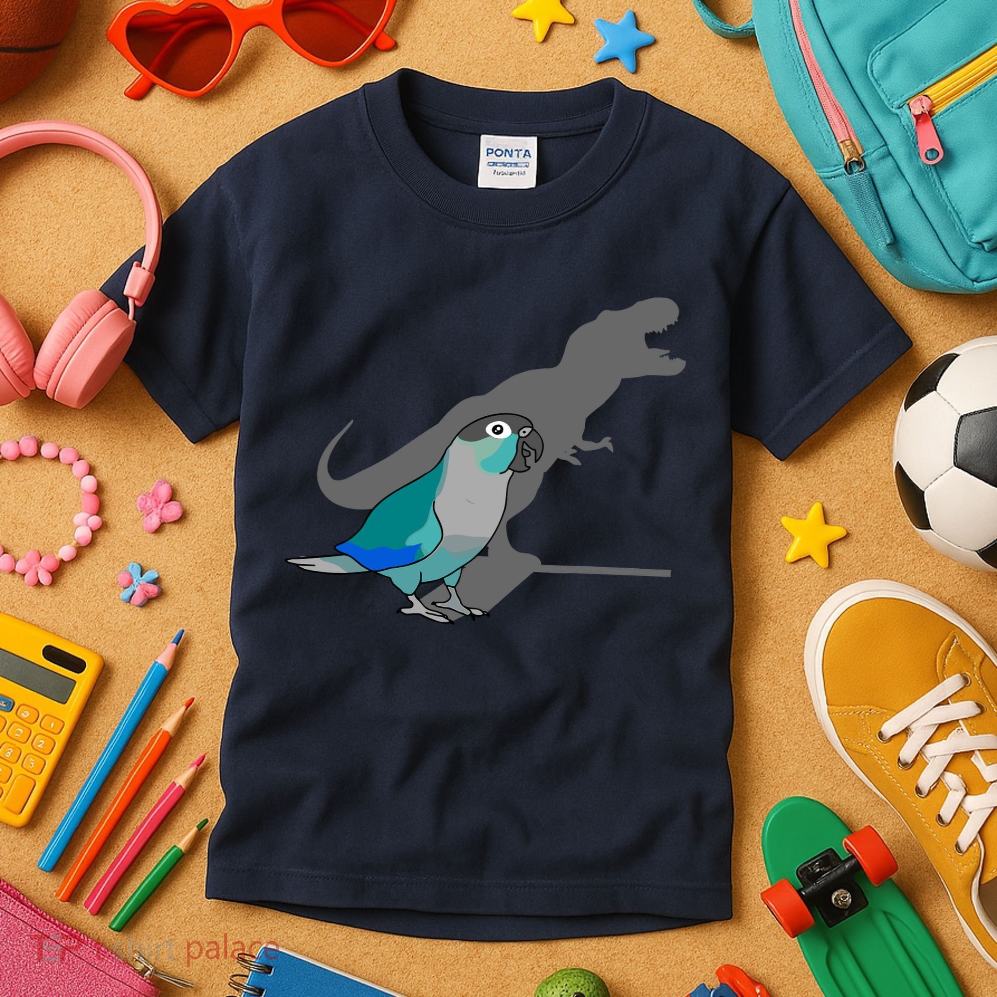 Funny Turquoise Green Cheeked Conure Trex Dinosaur Parrot Kids T-Shirt