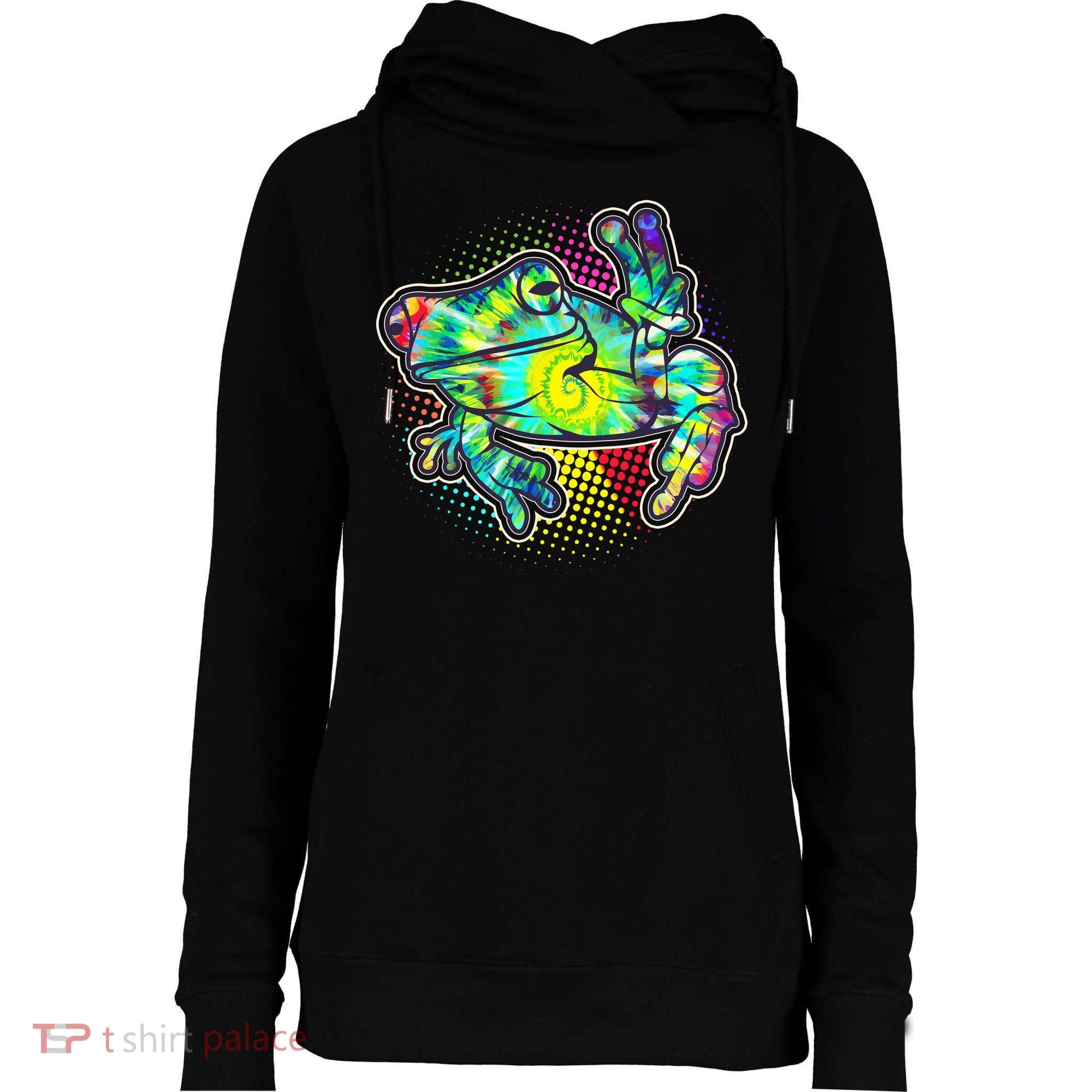Funny Trippy Hippie Psychedelic Peace Frog Womens Funnel Neck Pullover Hood