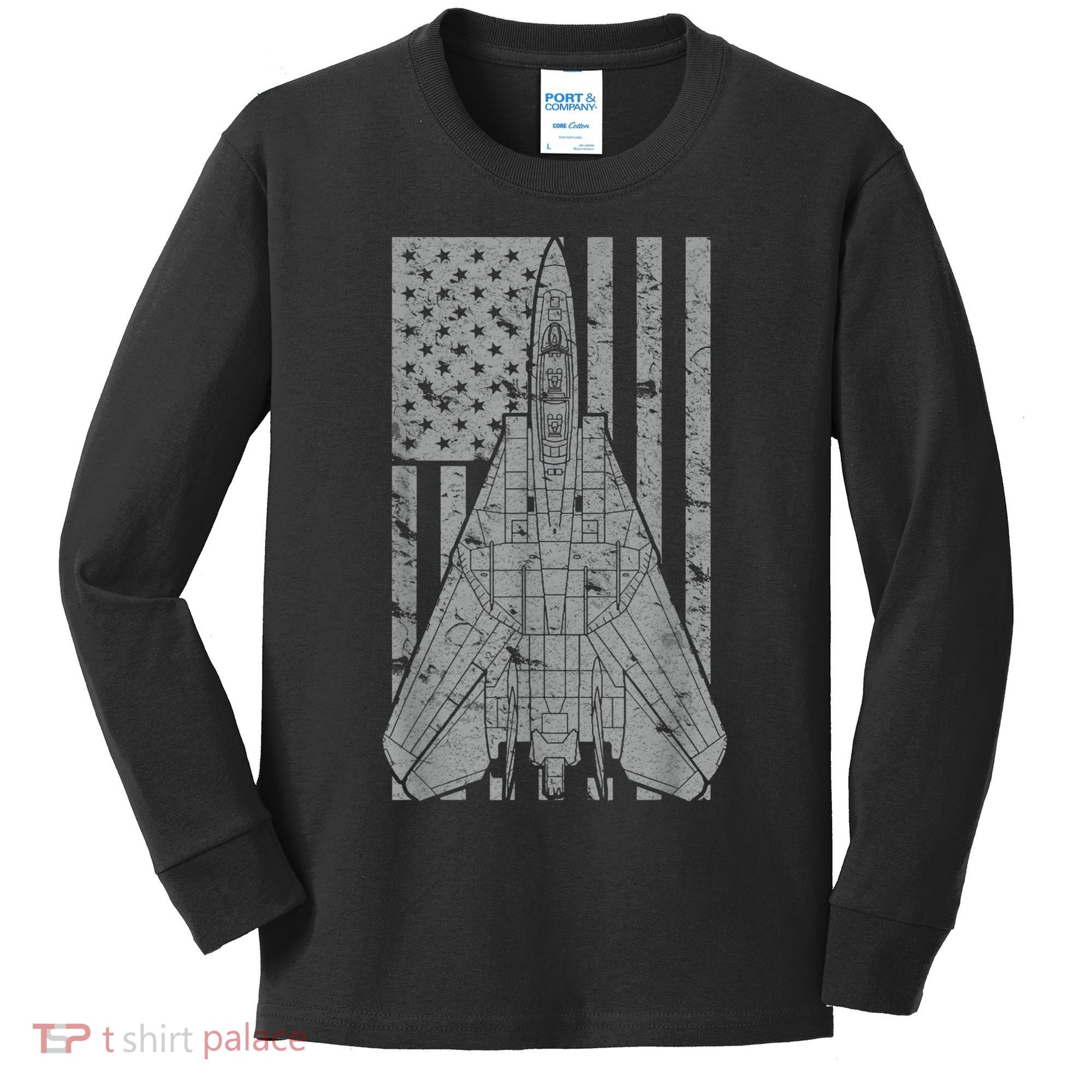 F14 Tomcat Jet Fighter Vintage American Flag Kids Long Sleeve Shirt