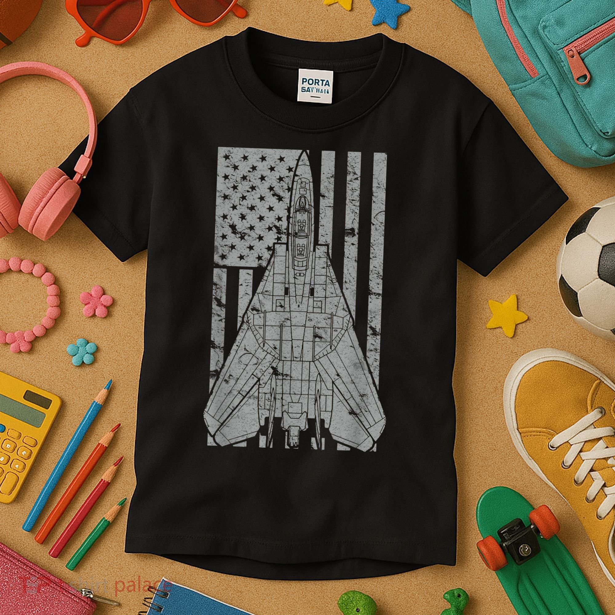 F14 Tomcat Jet Fighter Vintage American Flag Kids T-Shirt