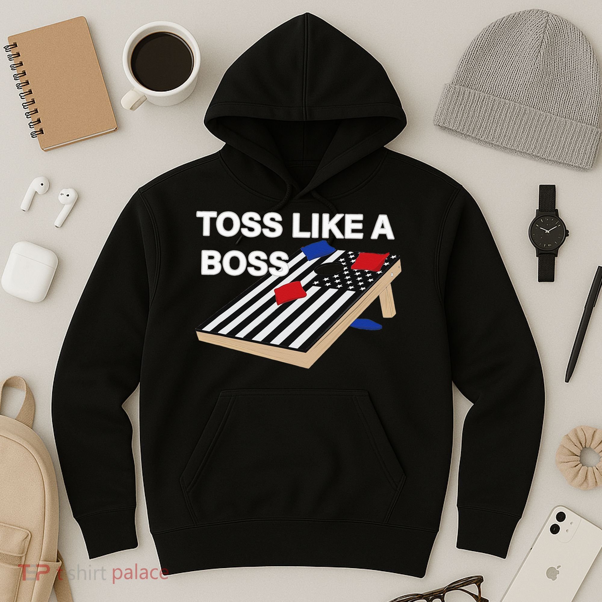 Funny Toss Like A Boss Cornhole Toss Competition US Flag Tee Hoodie