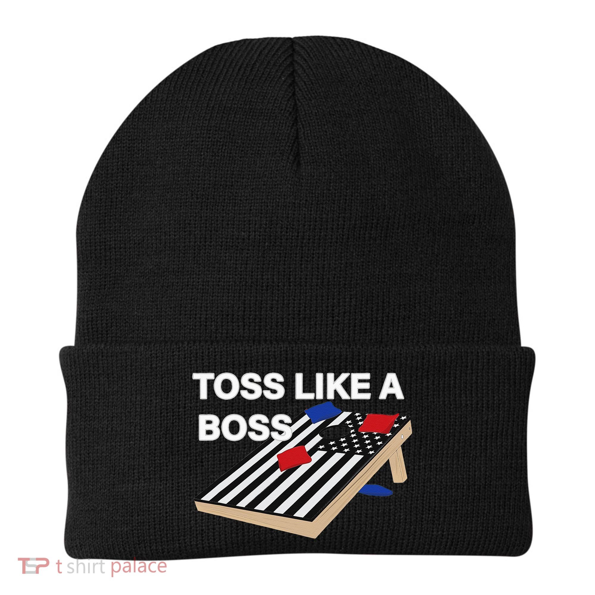 Funny Toss Like A Boss Cornhole Toss Competition US Flag Tee Beanie