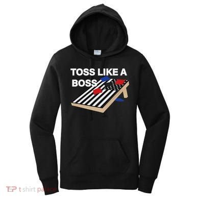 Funny Toss Like A Boss Cornhole Toss Competition US Flag Tee Women's Hoodie