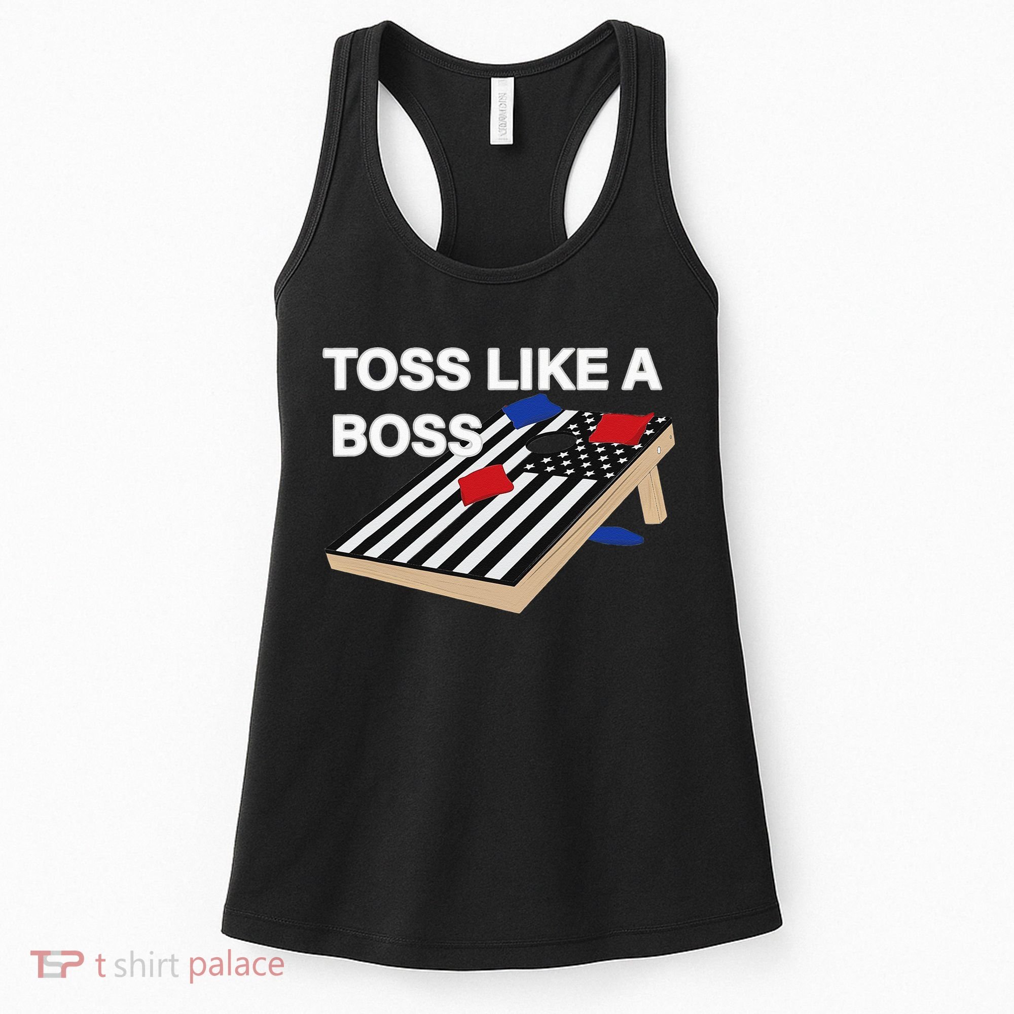 Funny Toss Like A Boss Cornhole Toss Competition US Flag Tee Women's Tank Top
