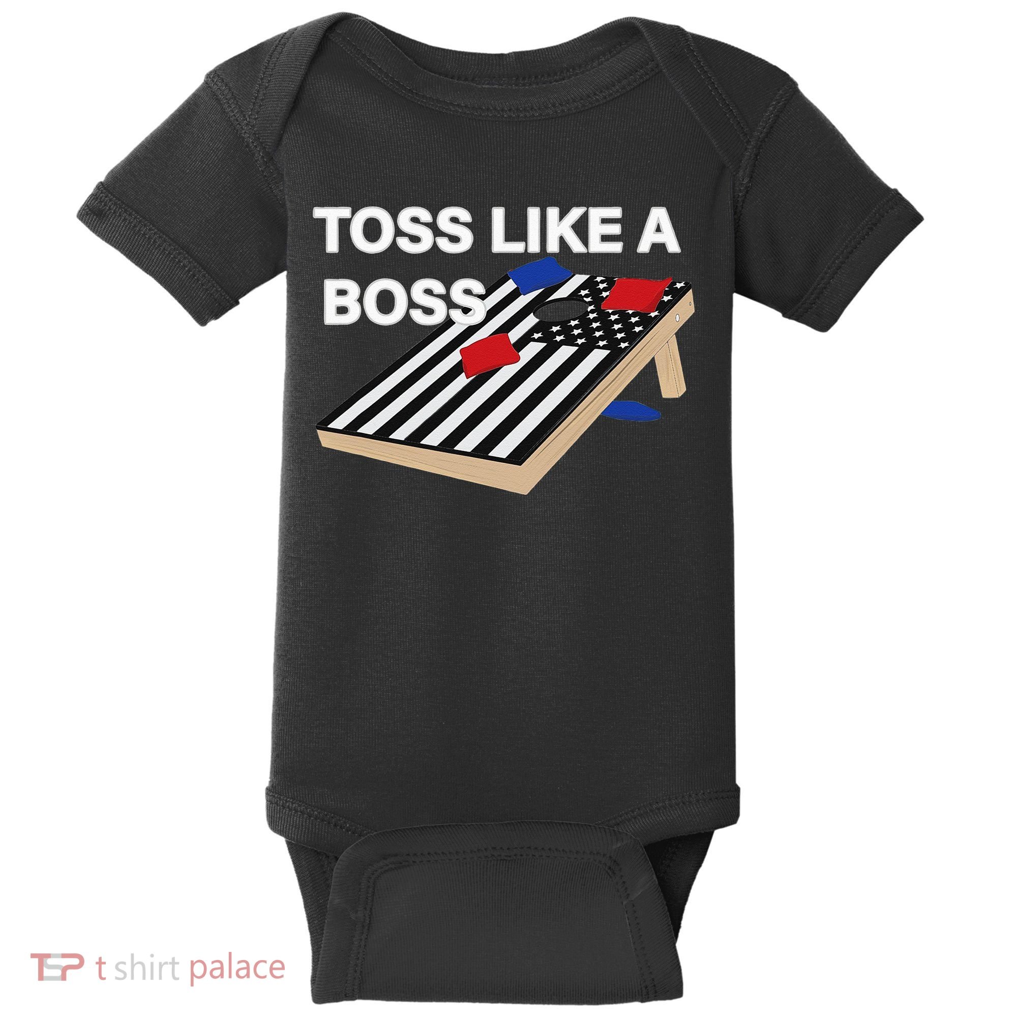 Funny Toss Like A Boss Cornhole Toss Competition US Flag Tee Baby Bodysuit