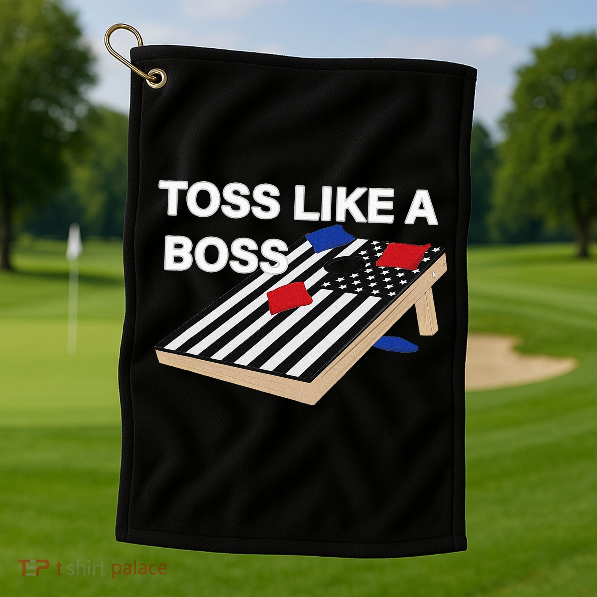 Funny Toss Like A Boss Cornhole Toss Competition US Flag Tee Golf Towel