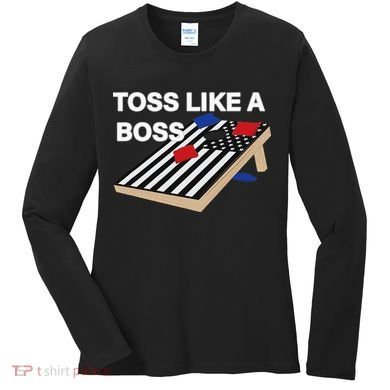 Funny Toss Like A Boss Cornhole Toss Competition US Flag Tee Women's Long Sleeve Shirt