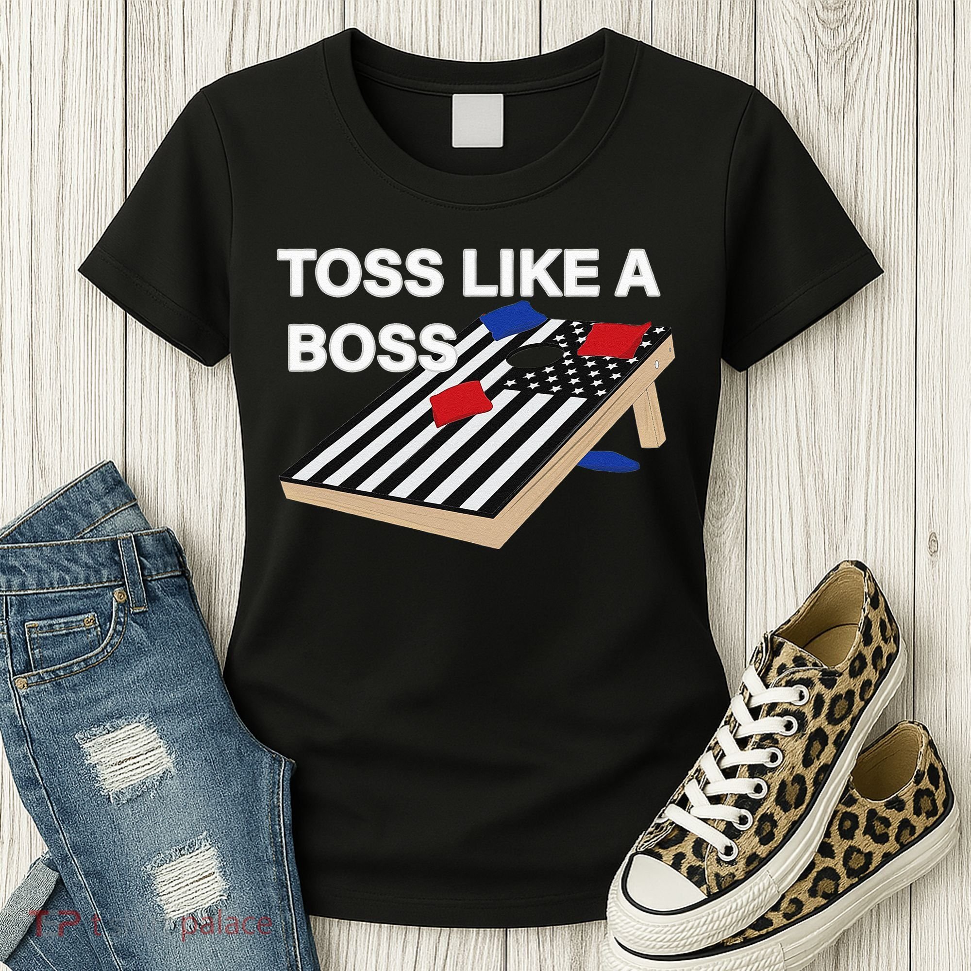 Funny Toss Like A Boss Cornhole Toss Competition US Flag Tee Women's T-Shirt