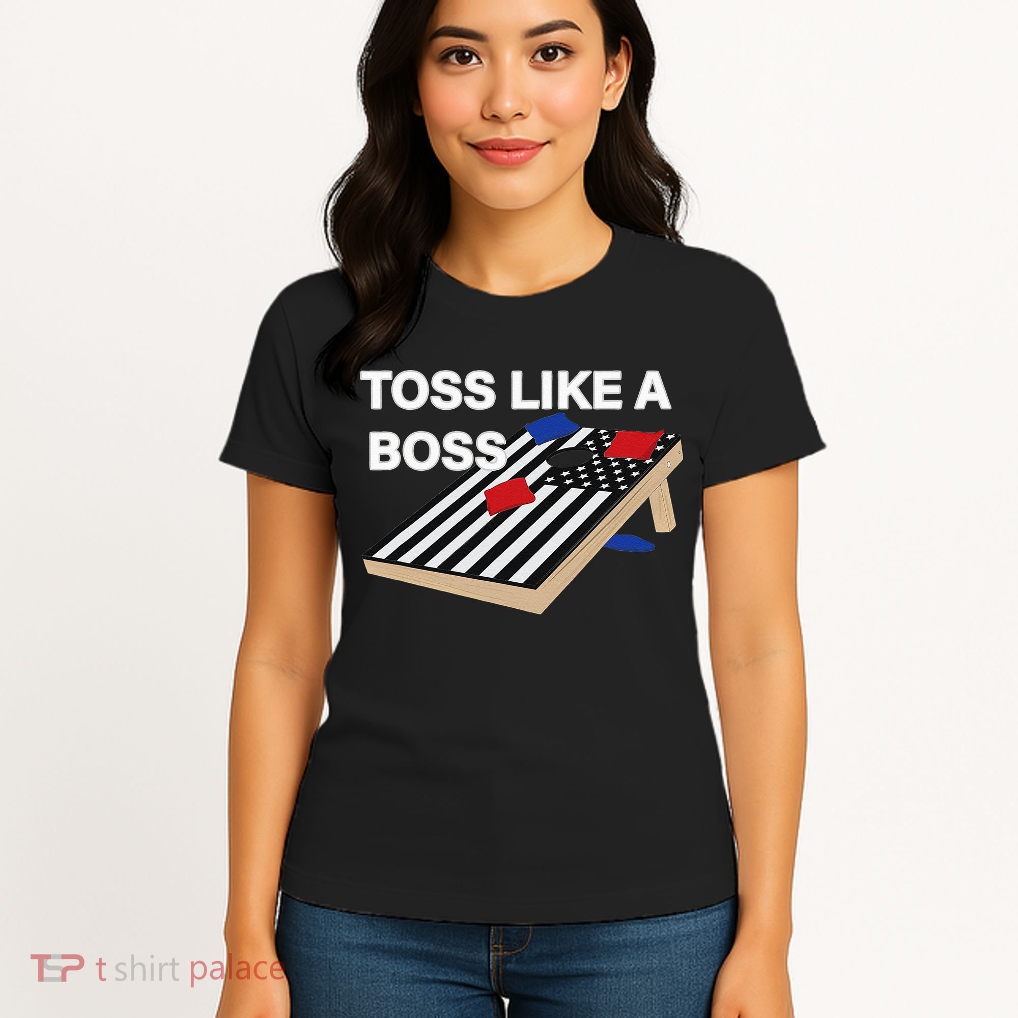 Funny Toss Like A Boss Cornhole Toss Competition US Flag Tee Women's T-Shirt