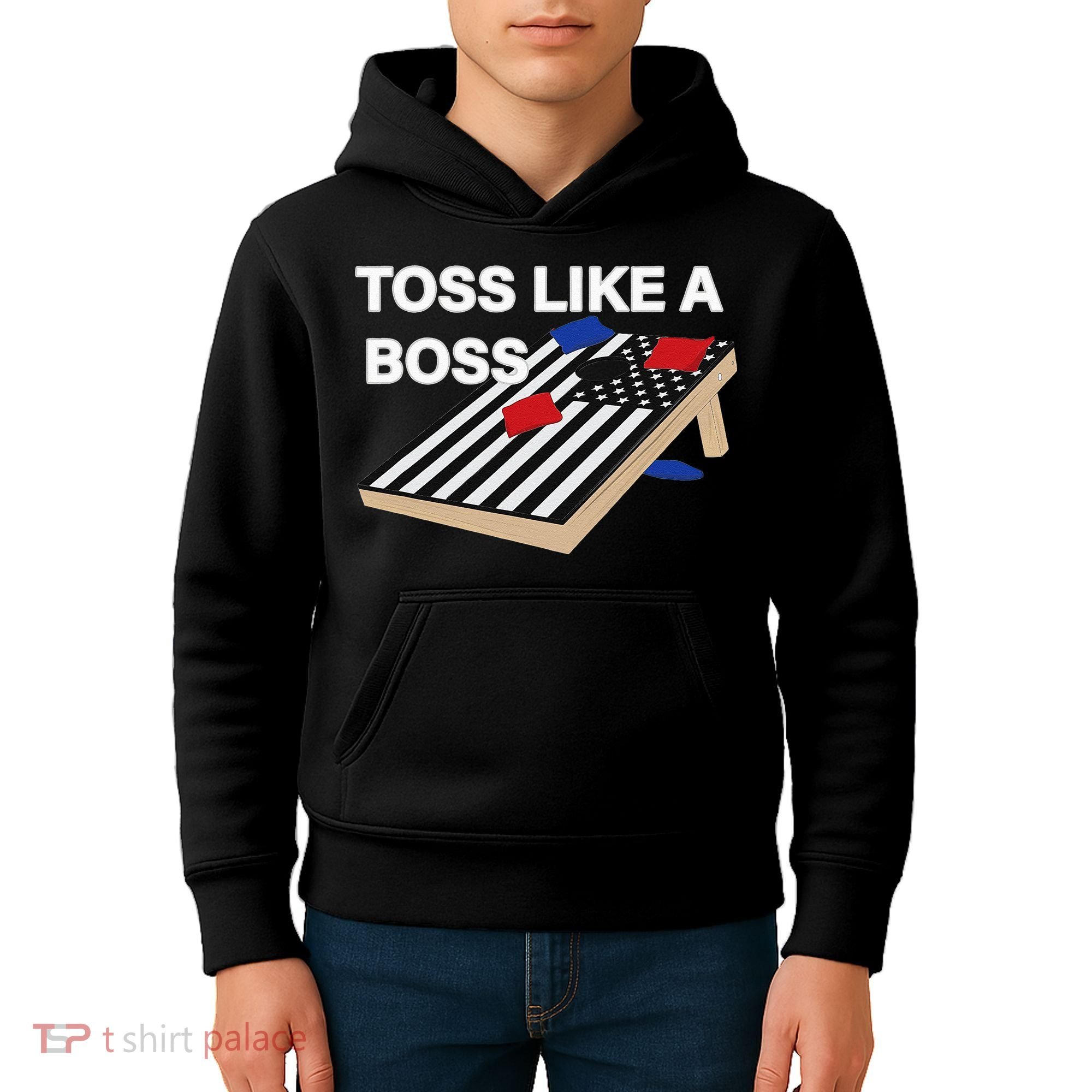Funny Toss Like A Boss Cornhole Toss Competition US Flag Tee Kids Hoodie