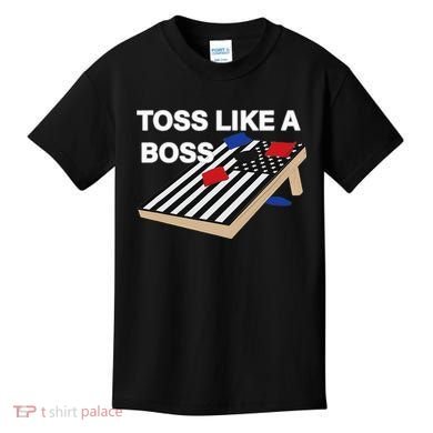 Funny Toss Like A Boss Cornhole Toss Competition US Flag Tee Kids T-Shirt