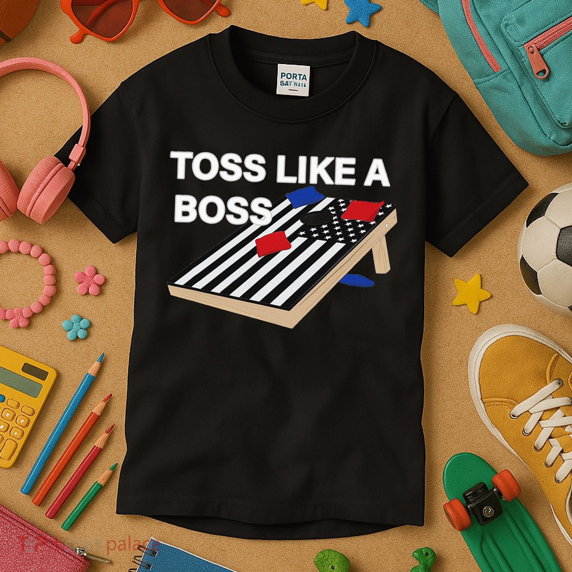 Funny Toss Like A Boss Cornhole Toss Competition US Flag Tee Kids T-Shirt