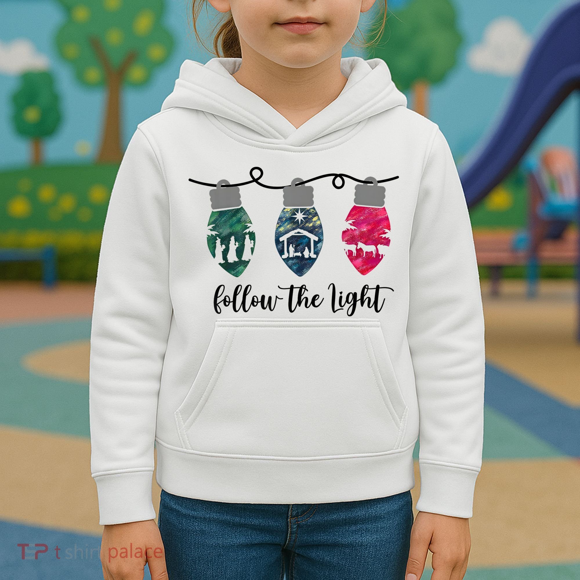Follow The Light Christ Xmas Light Kids Hoodie
