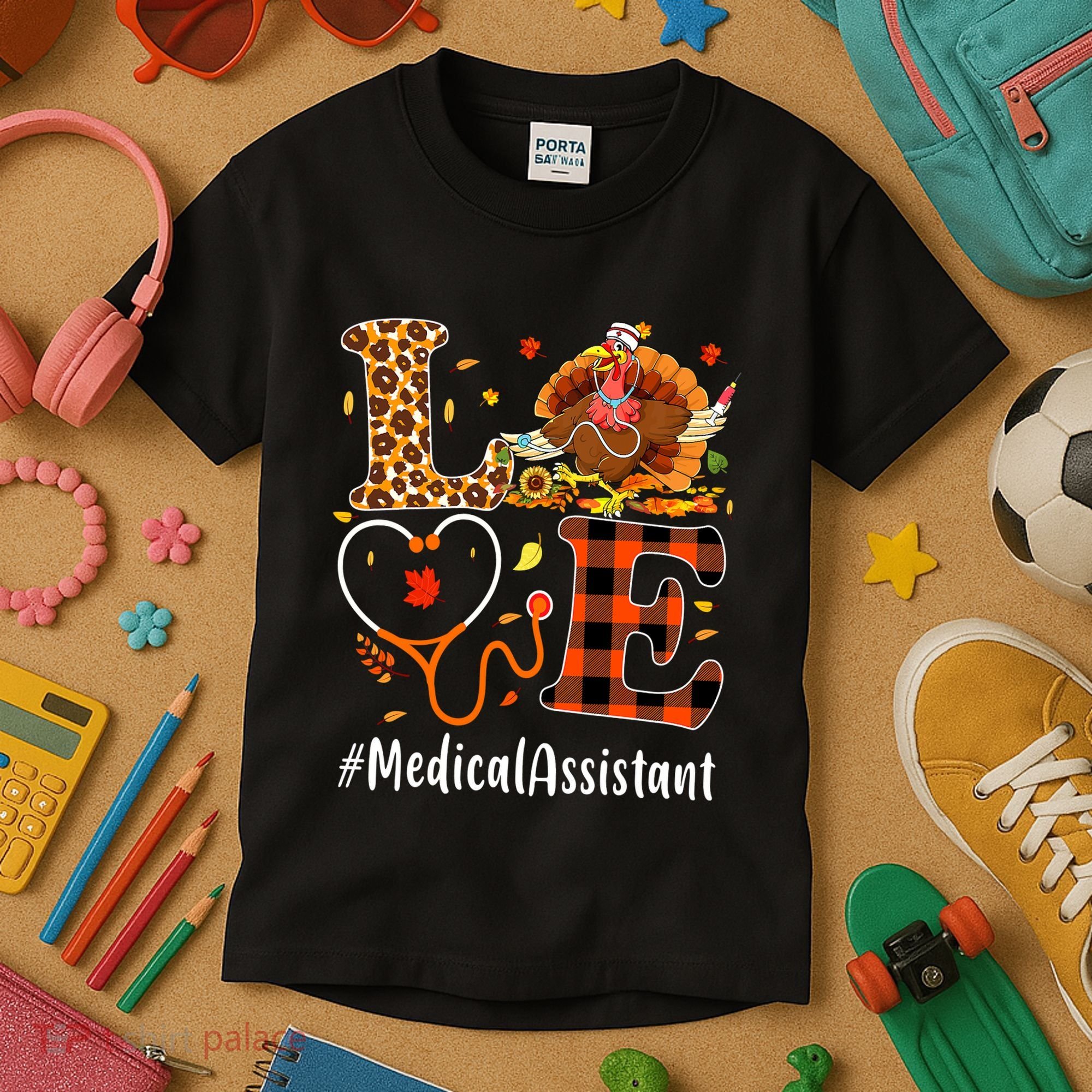 Funny Thanksgiving Medical Assistant Leopard Ki Love Pumpkin Kids T-Shirt
