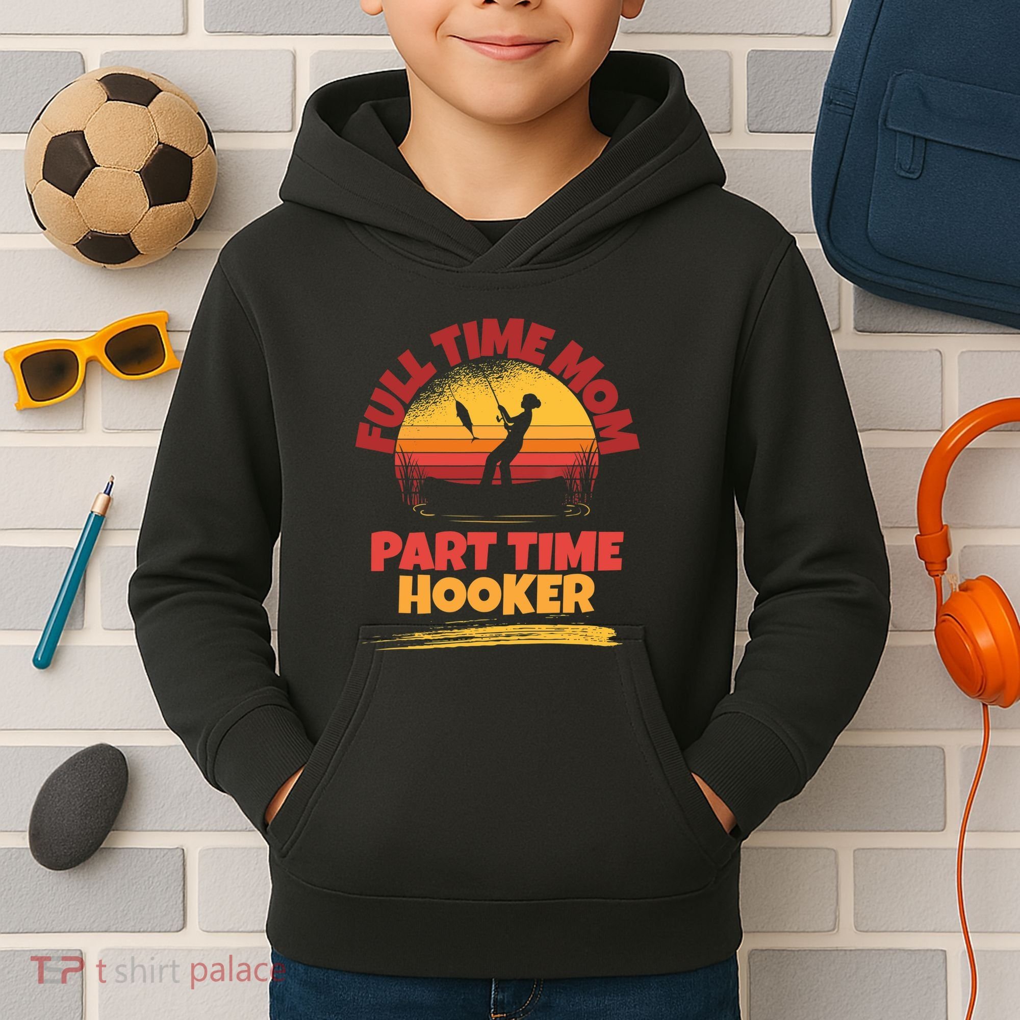 Full Time Mom Part Time Hooker Funny Fishing Kids Hoodie