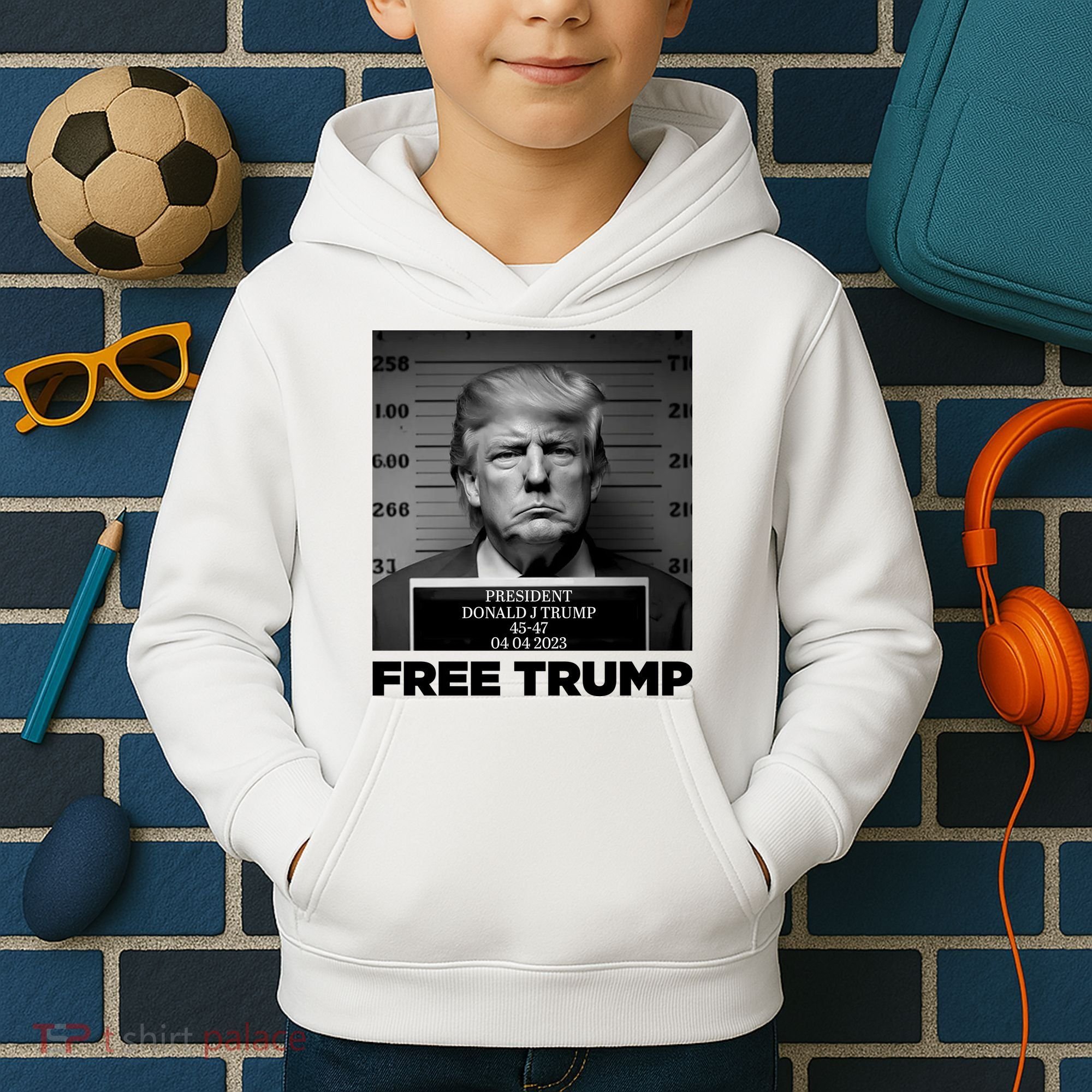 Free Trump Mug Shot Trump Not Guilty MugShot Kids Hoodie