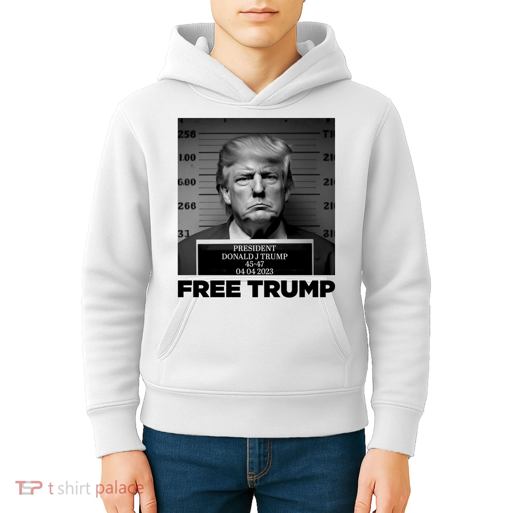 Free Trump Mug Shot Trump Not Guilty MugShot Kids Hoodie