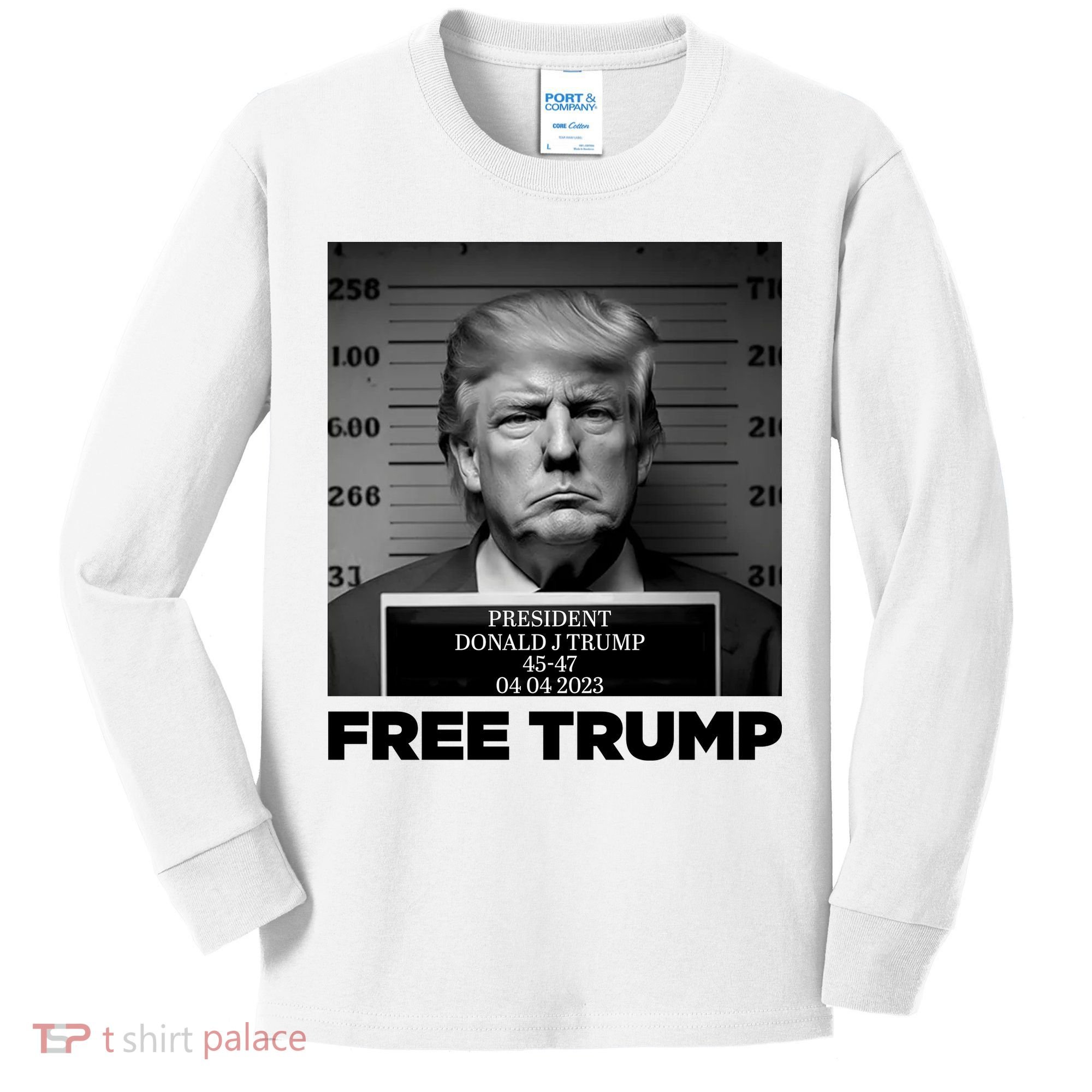 Free Trump Mug Shot Trump Not Guilty MugShot Kids Long Sleeve Shirt