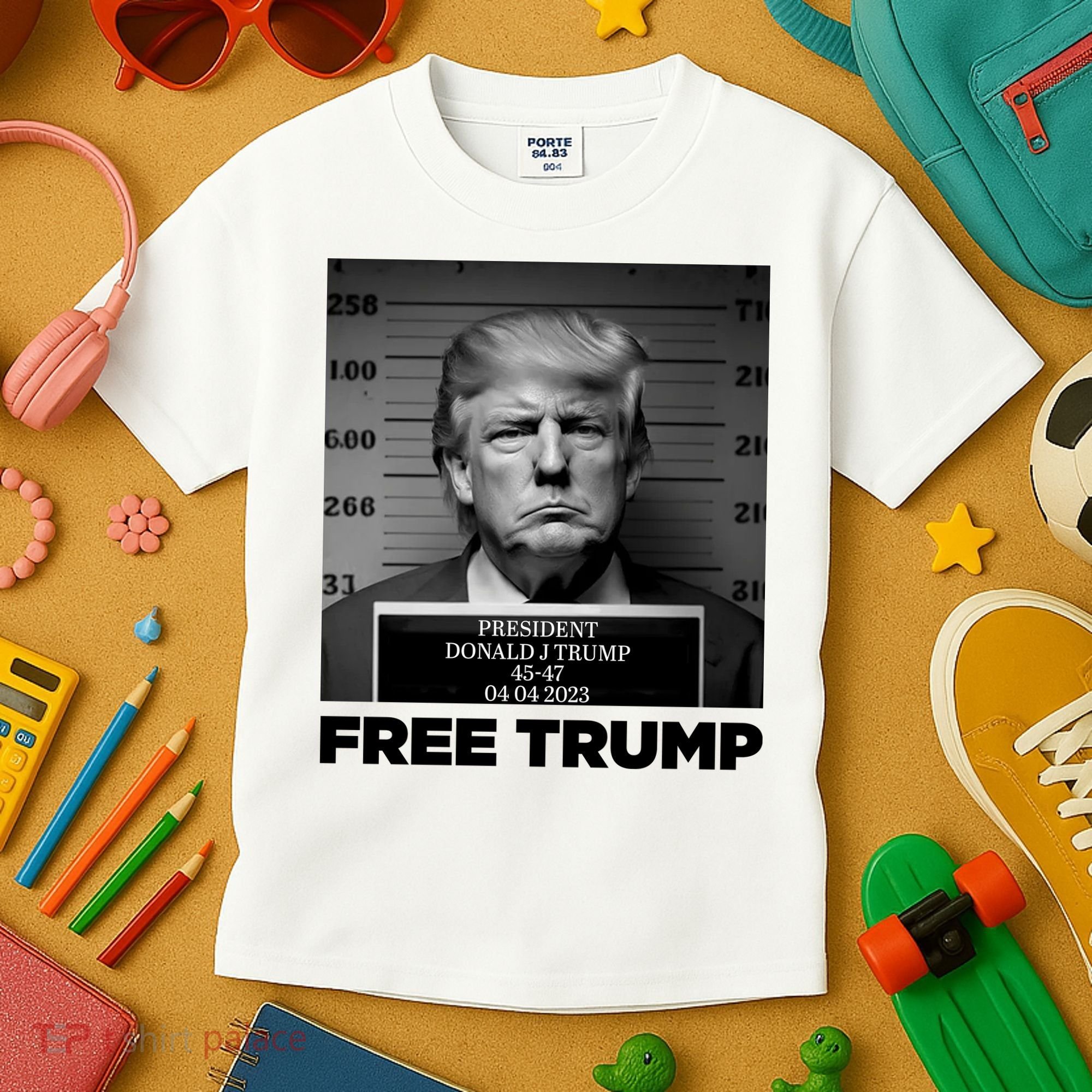 Free Trump Mug Shot Trump Not Guilty MugShot Kids T-Shirt
