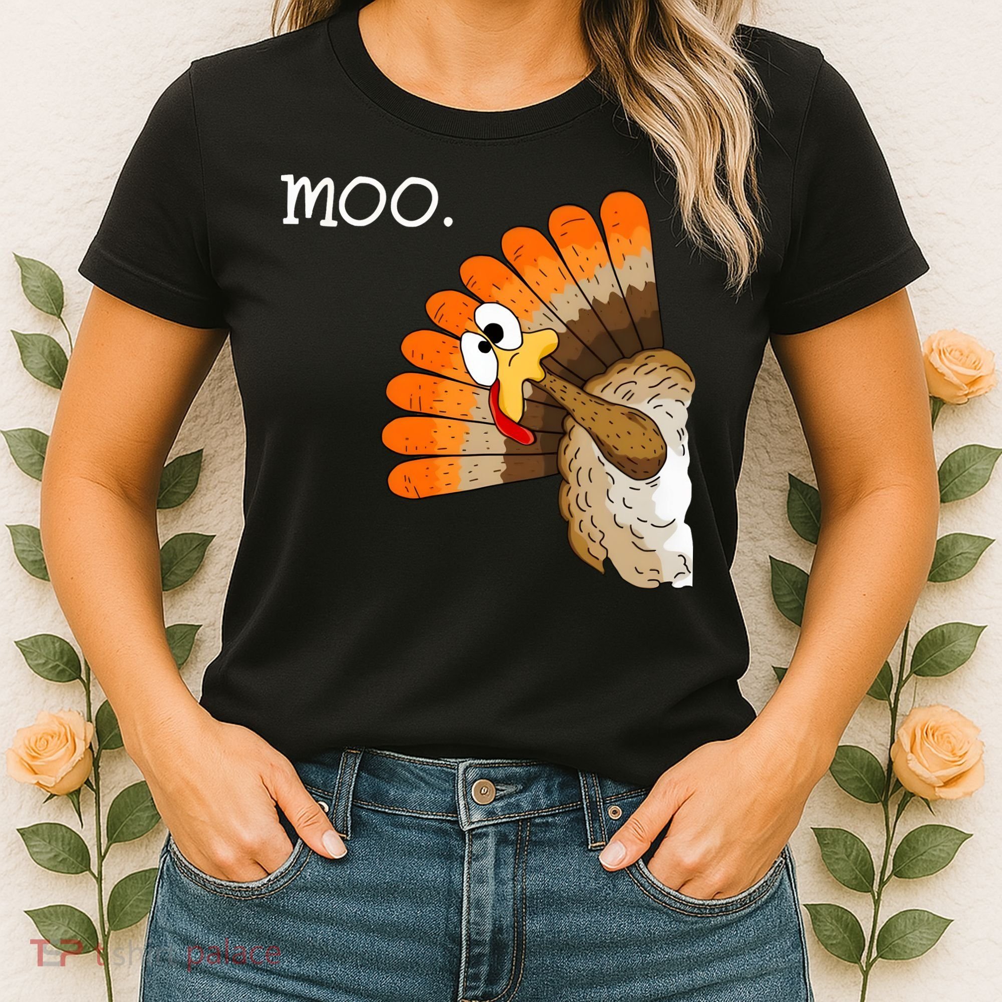 Funny Turkey Moo Cow Thanksgiving Women's T-Shirt