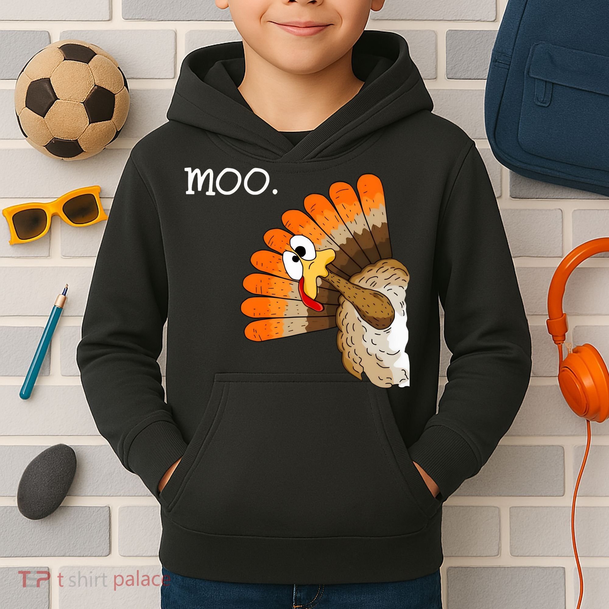 Funny Turkey Moo Cow Thanksgiving Kids Hoodie