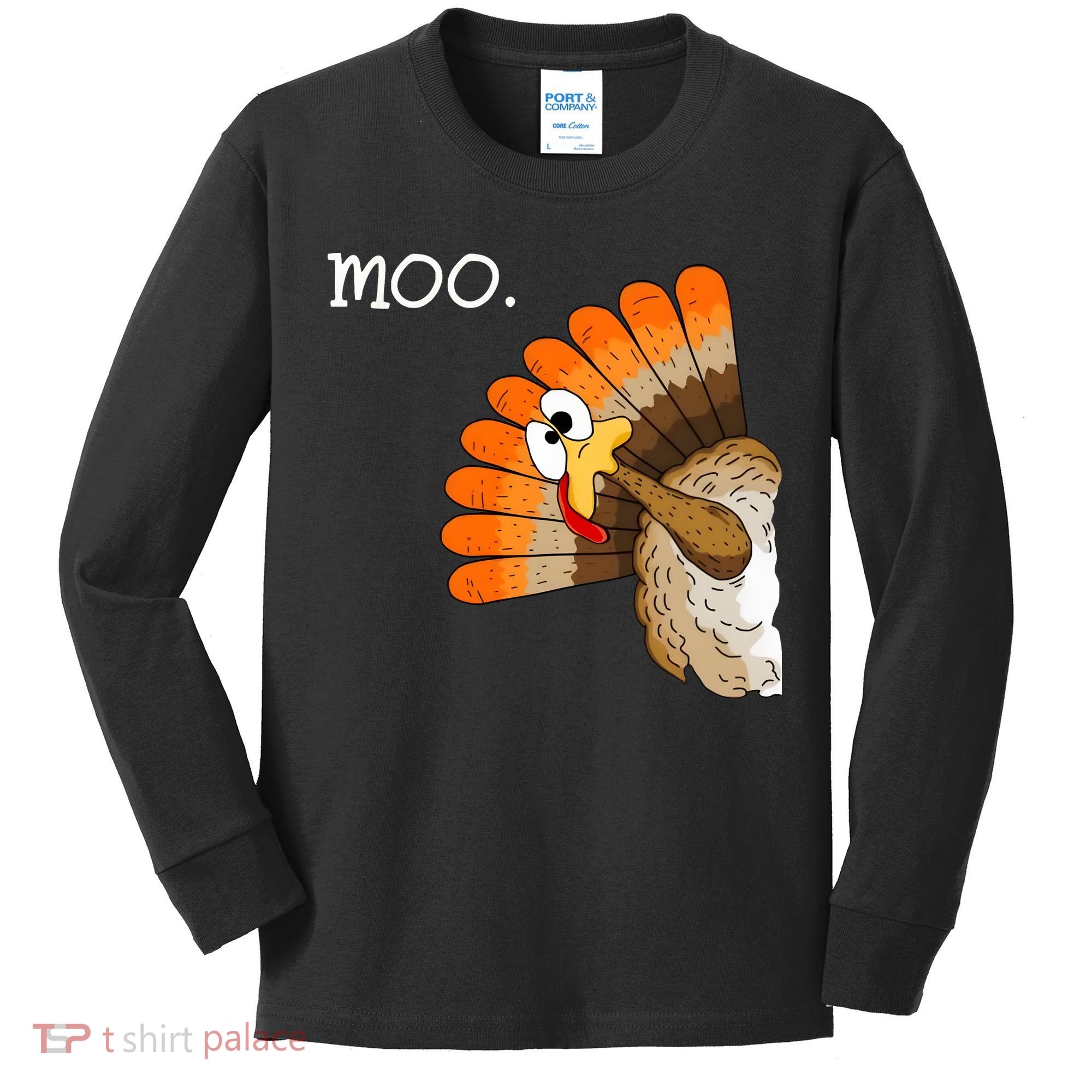 Funny Turkey Moo Cow Thanksgiving Kids Long Sleeve Shirt