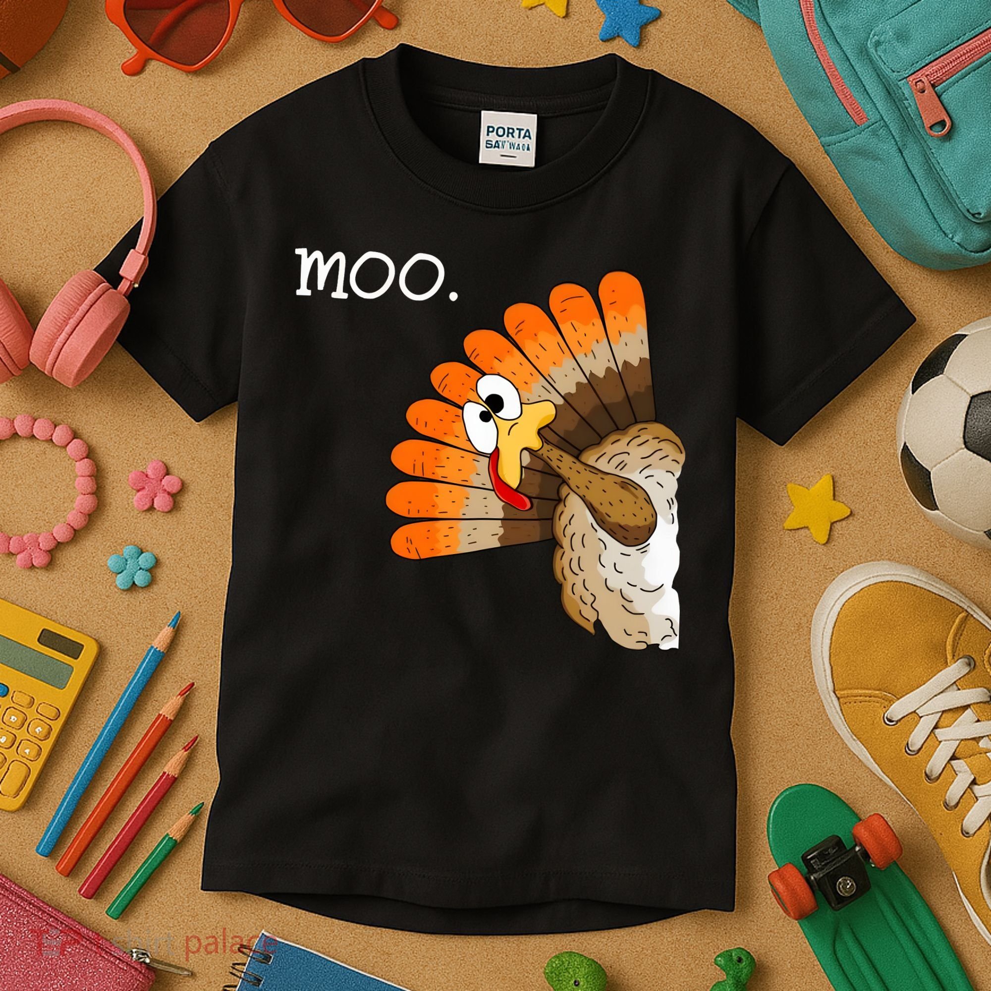 Funny Turkey Moo Cow Thanksgiving Kids T-Shirt